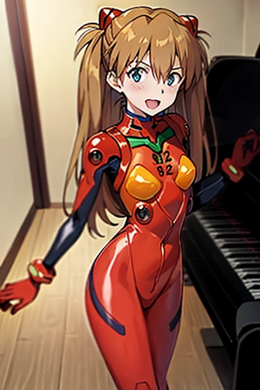 (( top quality )), ((masterpiece)), (be familiar with),  perfect face, indoor, bedroom,  Watching Viewers ,
One woman,  Soryu Asuka Langley,
 open mouth,  ecstatic expression beside the piano, blush, smile,
 small tits,  flat chest, Young girl, Lori,  s,  girl,
 long hair,  twin tails,
Leg spread,