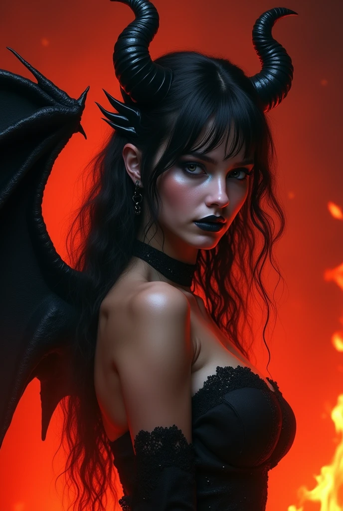 Rihanna ultra-detailed as a demon, Demon wings on his back and two horns on his head. She wears a dark crown of evil on her head and an evil queen's robe in black and red. Elle se tient au sommet d'un tas de ruines en feu. Diabolique et insidieuse,  with an aura of invincibility, In one fell swoop, It unleashes a powerful wave of destruction