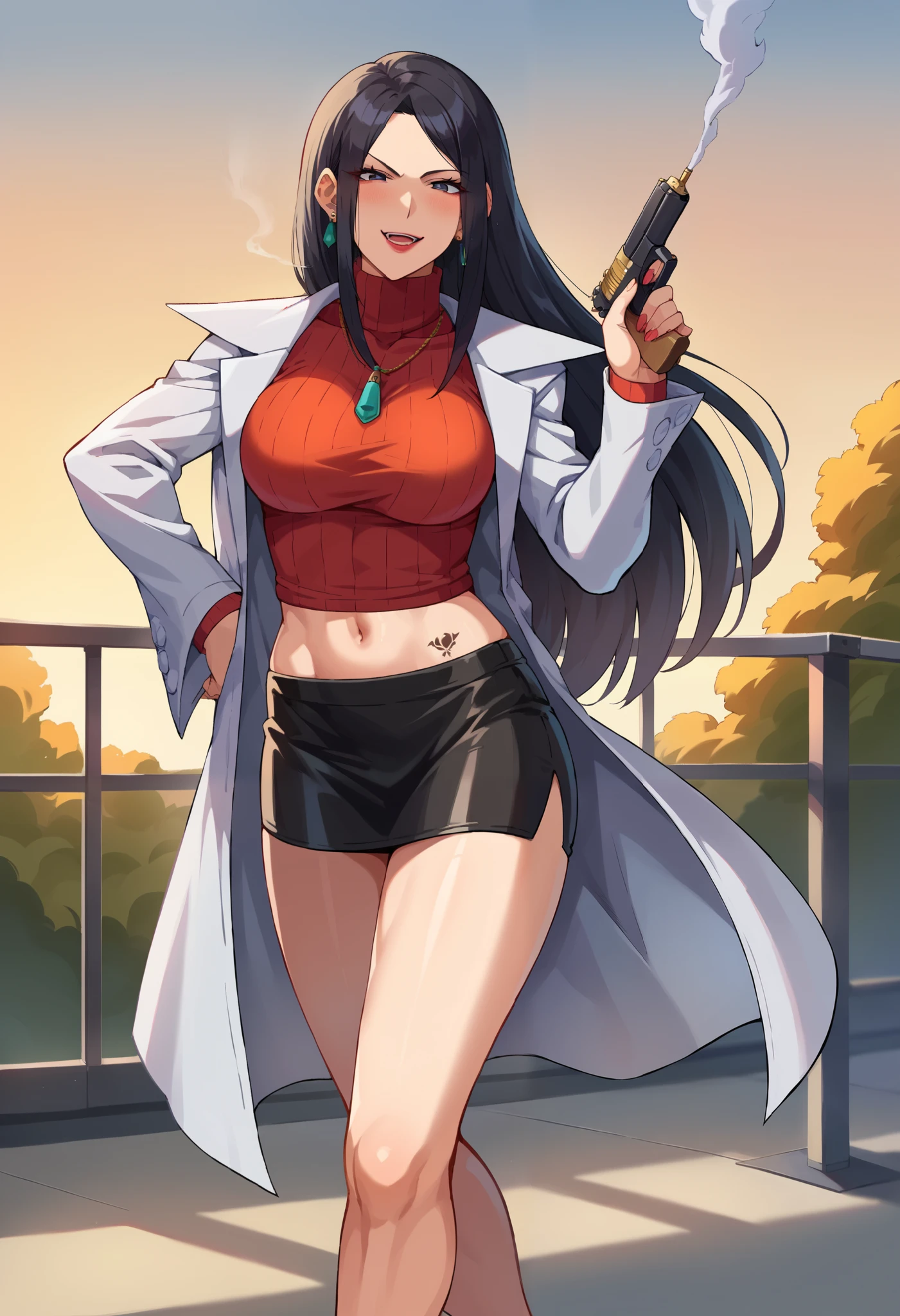 score_9, score_8_up, score_7_up, score_6_up, source_anime, BREAK 1girl, solo, mkyouko, black hair,, earrings, necklace, labcoat, red sweater, turtleneck, black miniskirt, big breasts,  looking at you, smug, school,gym, sunset, high heels, ear piercing, long hair, blush, lipstick,Hot girl, baddie, smoking, sensual, attractive, large breasts, masterpiece, best quality, highly detailed, a girls with a gun, open mouth, blazer, sexy gaze, (nsfw) not
safe for work, badass pose , evil smile, smile, black bra, anime girl with long hair, long haired girl,
navel, evil expression, exposed belly, exposed navel, exposed midriff, exposed lower belly, micro
miniskirt, micro pencil skirt, pencil skirt ,holding a gun, holding pistol ,,dragon tattoo, tattoo on body, tattoo midriff, rose tattoo, shiny skin, pussy,