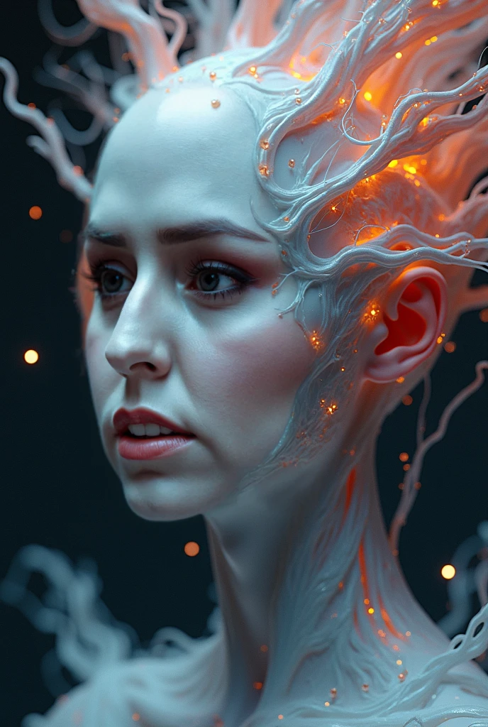 a close up of a person with a glowing face and a glowing body, lee griggs, lee griggs and jason chan, highly detailed surreal vfx, unreal engine : : rave makeup, michael page, highly detailed vfx portrait of, vfx, cgi clay sculpture, altered carbon, photorealistic special effects, makeup. unreal engine, vfx movie closeup --auto --s2