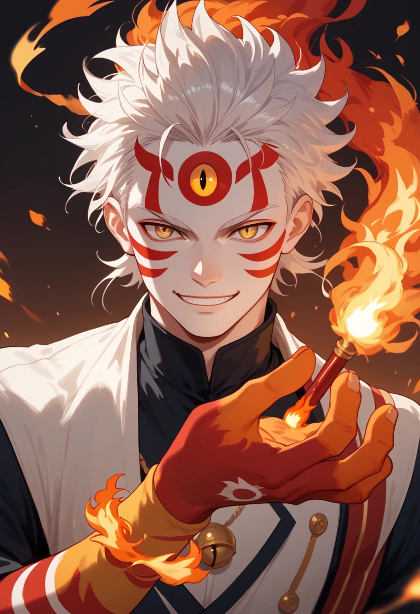 man, fire hair, white skin, red face paint, anime style, fire powers, yellow eyes, white hair, cat-like third eye on forehead, fire in hands, smile