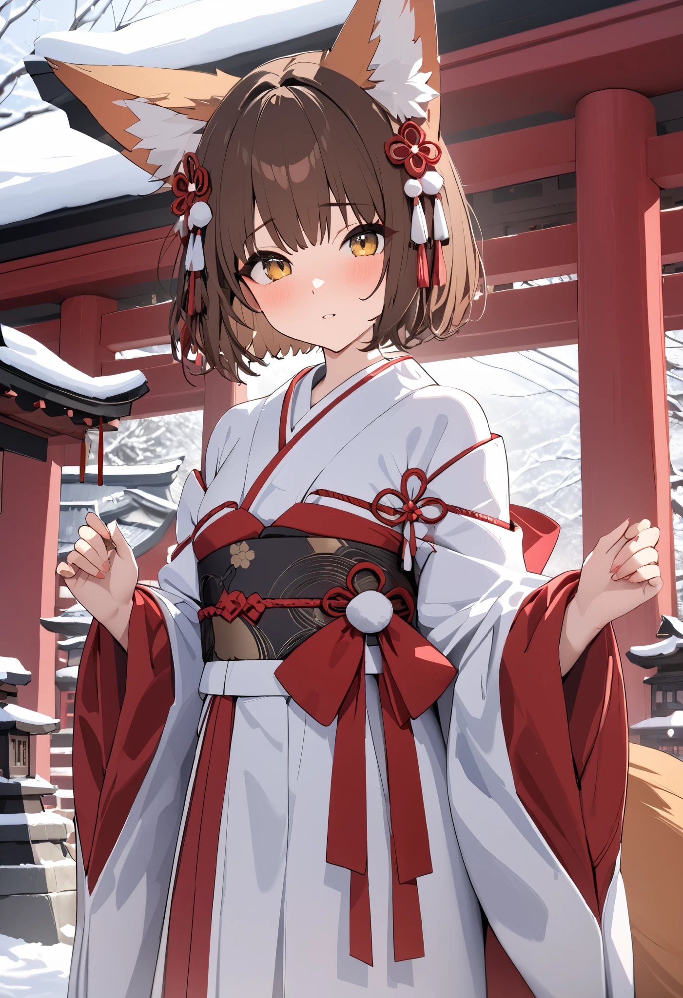 (((Best quality, 8k, Masterpiece: 1.3)), ((best quality)), ((masterpiece)), (detailed), perfect face, brown hair, short hair, fox ears, Japanese shrine maiden, New Year, shrine, shrine maiden costume, fox tail, snow