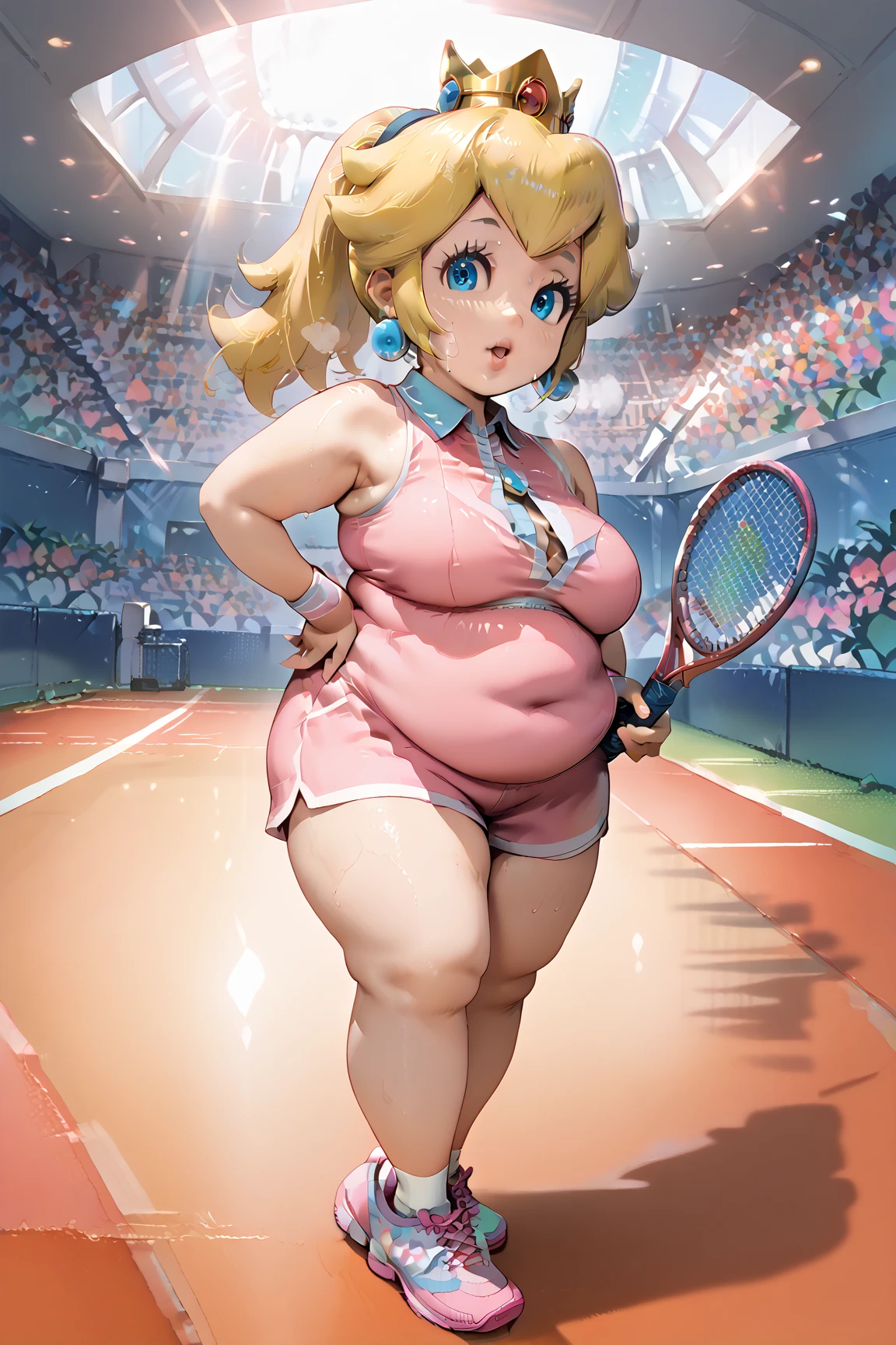 score_9_up, score_8_up, score_7_up, source_anime, (masterpiece, perfectly detailed, detailed face, detailed eyes, beautiful eyes), CuteMaster_PS, 1girl, princess peach, blonde hair, crown, blue eyes, ponytail, jewelry, tennis racket, sleeveless, earrings, ball, armpits, holding, medium breasts, full body, pink shorts, wristband, sportswear, parted lips, pink shirt, pink lips, out of breath, sweaty, open mouth, hands on hips, obese, chubby, big arms, thick thighs, tired exporession, exposed belly 