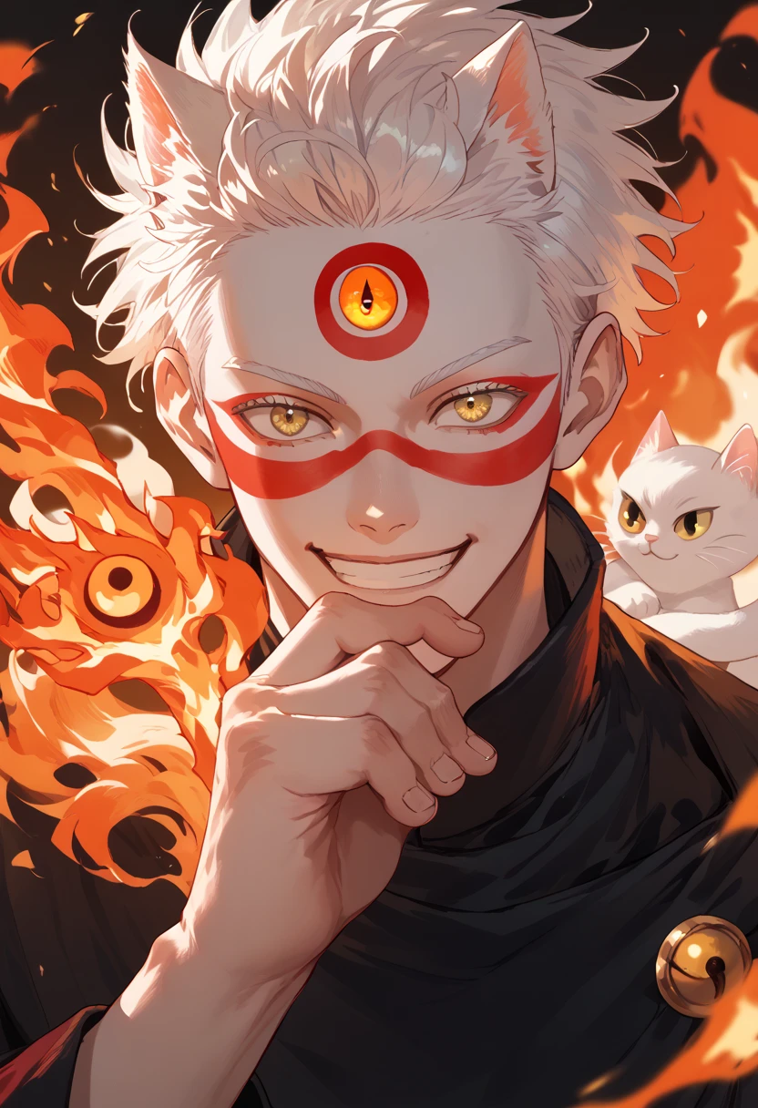 man, fire hair, white skin, red face paint, anime style, fire powers, yellow eyes, white hair, cat-like third eye on forehead, fire in hands, smile