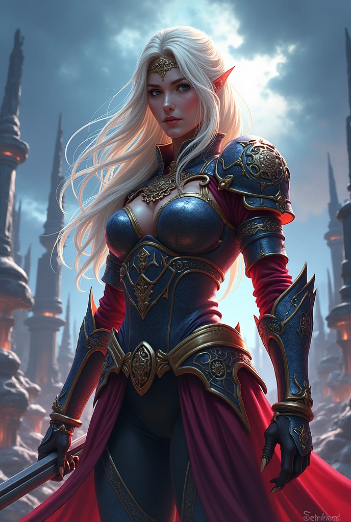 (masterpiece, best quality) 1girlsolo (the empress:1.15) platinum blonde, long hair (red cape) curtain, armored dress, queen dress, aurora (sunshine, sky, river, forest) expressionless, red eyes, very long hair (art nouveau:1.2) alphonse mucha, tiara (face focus, upper body) sit (red throne:1.12) crossing legs, highly intricate details, realistic light, smile