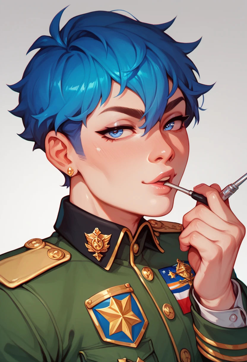  Handsome -yeld boffeminate
Blue eyes
Short messy blue hair with black gradient,  wearing a military commander's suit,  thin and delicate body , femboy, There's a trans flag behind him, dictator, Giving an interview, Press conference 