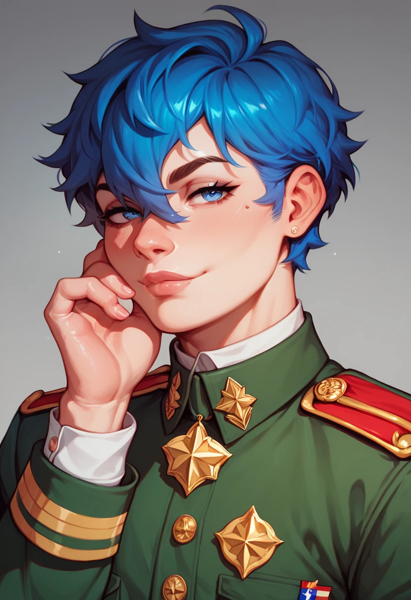  Handsome 17-year-old boy
Effeminate
Blue eyes
Short messy blue hair with black gradient,  wearing a military commander's suit,  thin and delicate body , femboy, There's a trans flag behind him, dictator, Giving an interview, Press conference 