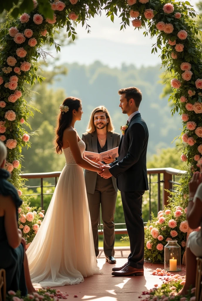 araffes in a rose garden with a gazebo and a bench, instagram influencer, wearing a long beige trench coat, in style of niko pirosmani, romantic couple, bright colored streaks of hair, very very very beautiful!, indigo blooming flowers garden, unreal engin, photorealsitic, pink body