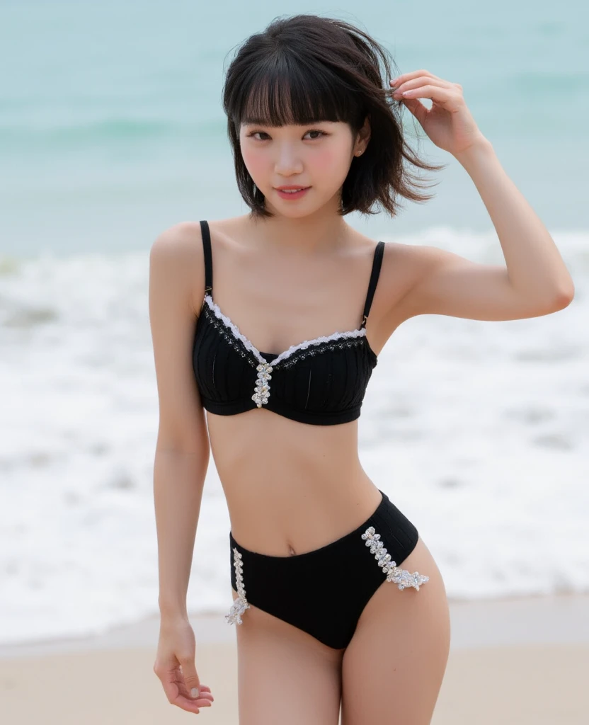 T-bag，美しい小さなButt，   lingerie, 黒と白の  sexyなアンダーウェア ,   sexy,whole body,   sexy,Alone,Butt、(   Beach   ),
