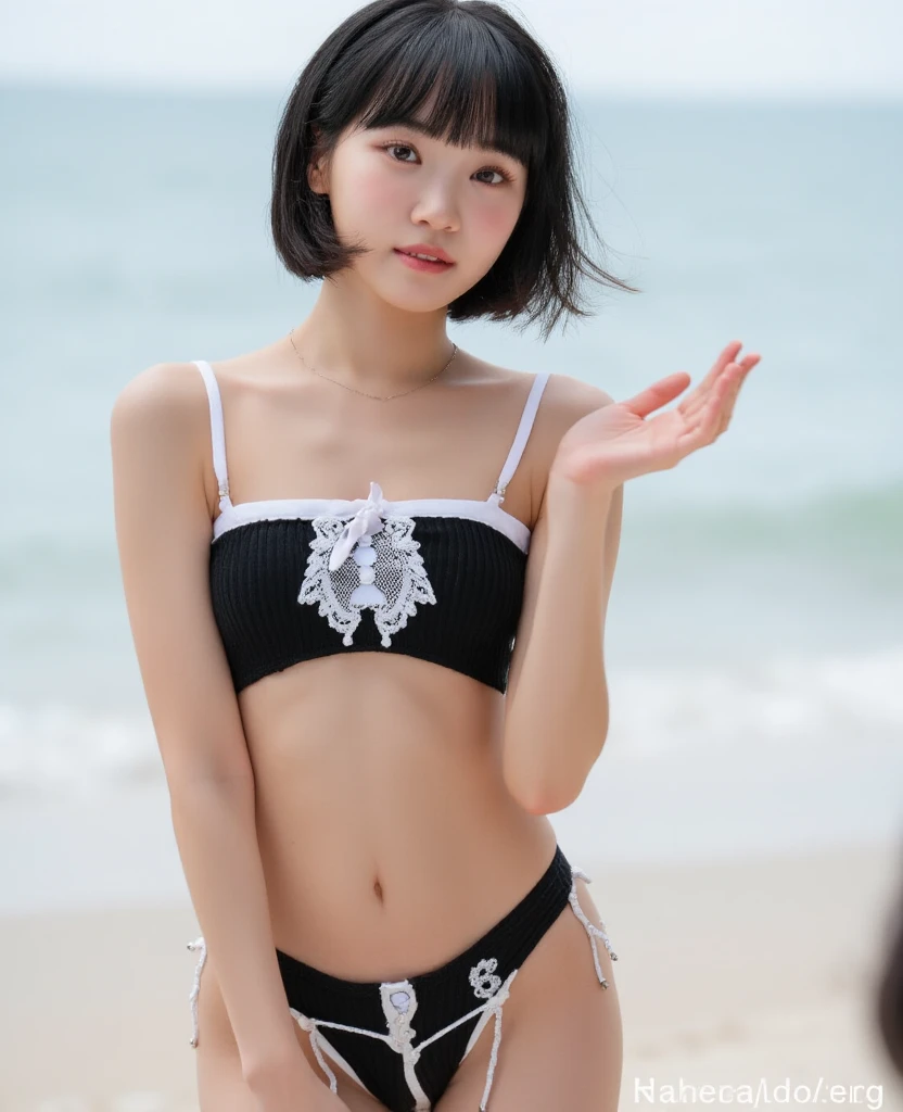 T-bag，美しい小さなButt，   lingerie, 黒と白の  sexyなアンダーウェア ,   sexy,whole body,   sexy,Alone,Butt、(   Beach   ),
