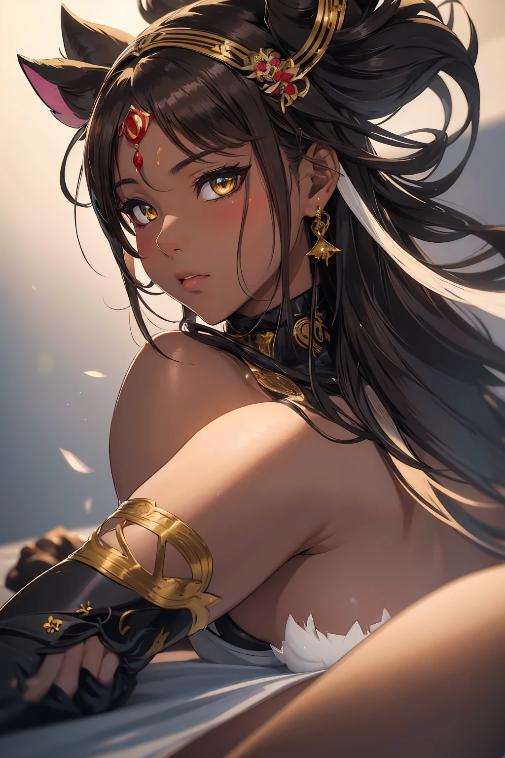 4k, high resolution, detailed woman, neko, long dark hair, fluffy black cat ears, black cat tail, detailed arms, Miko attire shrine maiden, beautiful golden eyes, realistic brown skin, dark brown skin, black woman, intricate details, delicate features, beautiful lighting, natural colors, detailed background, elegant pose, cinematic composition, safe for work