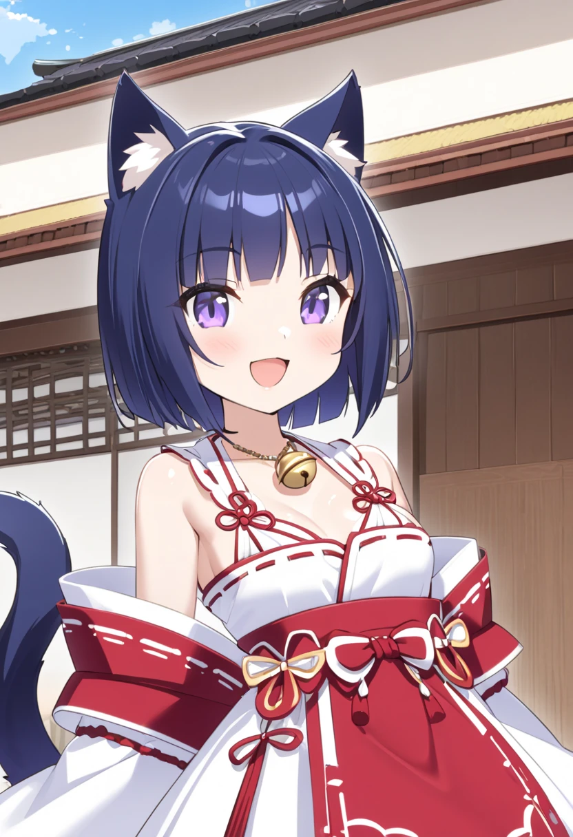  top quality 、 Toon Shader 、 one 、 slender body、Tiny breasts、   shiny dark blue hair、 short bob、Cat ears and tail、 purple eyes、 proud look with roof、necklace with bell、short white and red shrine maiden costume、Riverbank、smile、A little blush、 open her mouth 、The sun shines in