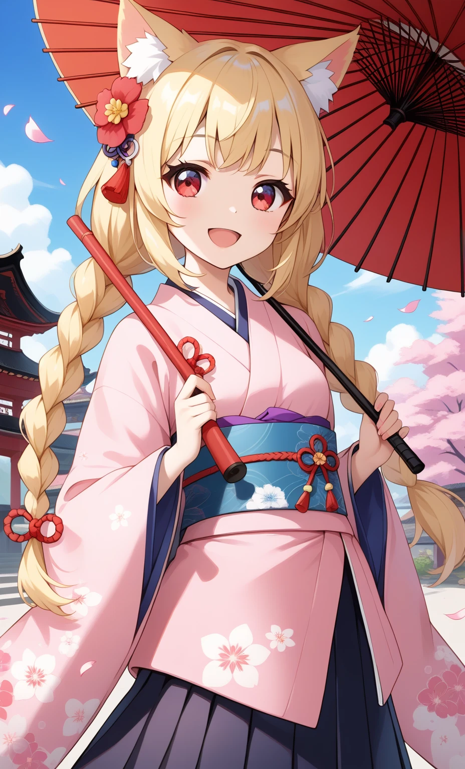 highest quality, Ultra-detailed 8k CG rendering, masterpiece, High resolution, Very detailed,
Samurai girl with voluptuous beauty,upper_body,
Small breasts,
, Blonde Hair, an asian artist in a japanese dress holding a red umbrella, 1girl, solo, umbrella, japanese clothes, flower, twin braids, braid, smile, oil-paper umbrella, skirt, red eyes, kimono, wide sleeves, tail, holding, outdoors, holding umbrella, floral print, hair ornament, red flower, hair flower, long sleeves, :d, long hair, looking at viewer, bangs, east asian architecture, animal ear fluff, pink kimono, open mouth, architecture, pleated skirt, black skirt