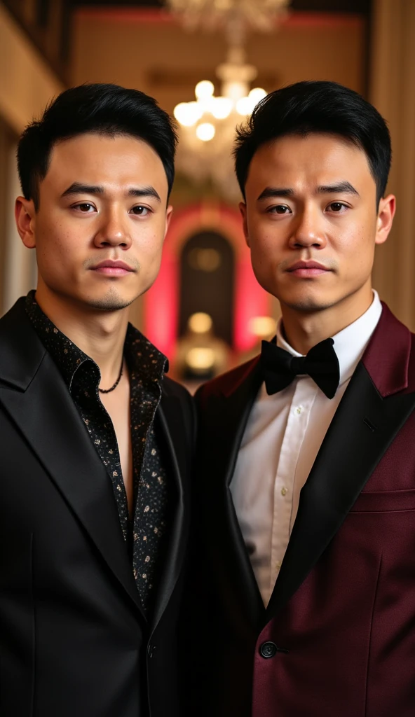 a beautiful detailed portrait of two young men, Michael and Kenny Liu, standing together, extremely detailed facial features, beautiful eyes, noses, and lips, warm lighting, vibrant colors, intricate details, high resolution, photorealistic, cinematic composition, dramatic lighting, elegant formal wear, confident expressions, artistic style, masterpiece