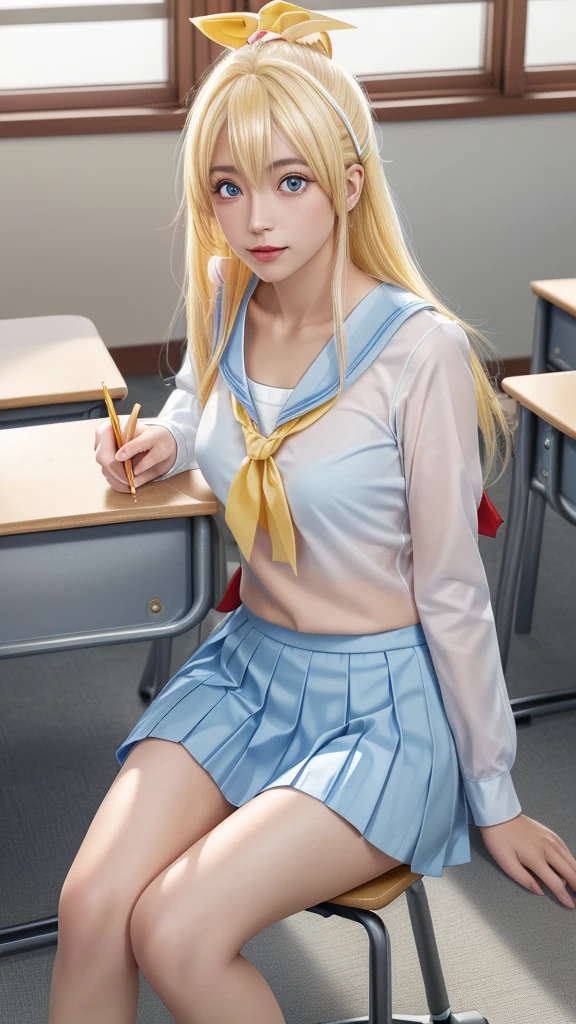 landscape of an woman, (((close up shot))), (((half body photo)))!!!,  photography with Fujifilm XT3, depth of field, film grain, lens flare, (front focus)!!, female focus, dynamic lighting, volumetric lighting, Kirisaki Chitoge /(Nisekoi/), anime style, (((sit down chair at the classroom)))!!!, (The beauty and brilliance of sakura's tree outside the window _The tranquility and beauty of a world of japaneese school)!, (((looks at the camera with beautiful light blue eyes)))!!, Ultra detailed eyes, (Beautiful light blue eye's like sapphire :1.40)!!, Stars in her fixed eyes, (homochromatic eyes)!!!, ((narrow eyes))!!, seductive smile, long sleevemouth, (fresh thin lips)!, (Blush)!! Perfect nose, Cute little nose, Face Clean, hyper realistic skin, Hyper-detailing of eyebrows throught pony, (light yellow hair between eyes)!, light yellow hair bangs, (ultra shine light yellow hair)!!, (((long smooth thick straight light yellow hair)))!!!, ((((hair ornament with symmetrical red ribbon))))!!!!, ((((gradient hair))))!!!!, ((dynamic composition)), ((Gudybag above table))!!, detached sleeves, /(((wear school uniform_original costume of kirisaki chitoge/)))!!!, ((white shirt serafuku_blue sailor collarbone)))!!!, (light orange necktie), (((pleated light blue skirt)))!!!, vivid color clothes, detailed realistic clothes, plump breasts, (plump breast covered with white silk)!!, ((see through thighs))!!, (tighhighs)!, slim legs, ((see through smooth thighs))!!, Best Quality, Masterpiece, Ultra-detailed, Beautiful, hight resolution, Original, CG 8K, perfect photo, dramatic lighting, (Realistic)!, Full HD, Best Quality, Beautiful lighting, (8k wallpaper of extremely detailed CG unit), High Details, sharp-focus, The art of dramatic and photorealistic painting, ((at the japaneese classroom)), dynamic composition, breathtaking rendering, deep shadow, strong color