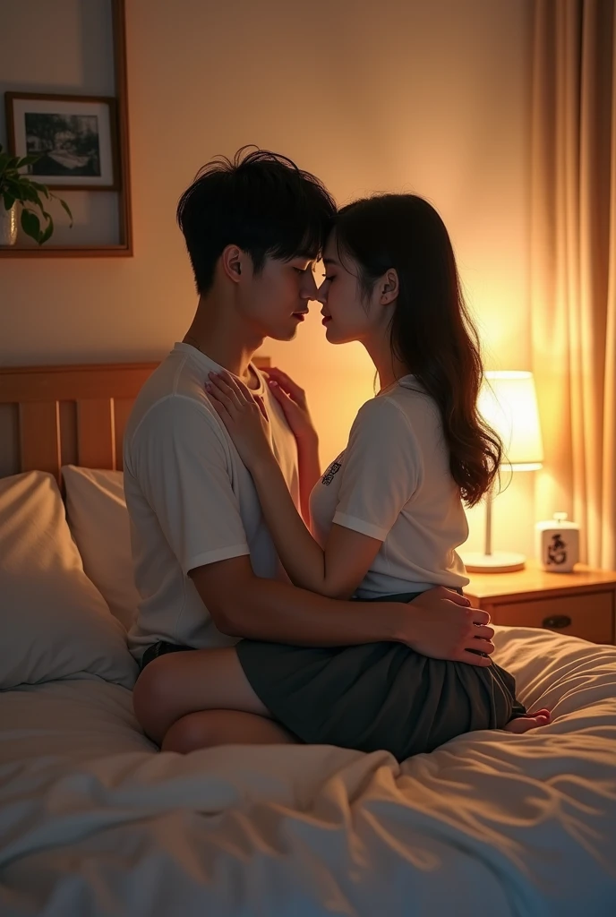 I want you to make a couple kissing in bed. of Japanese origin, a 21 year old with a 20 year old