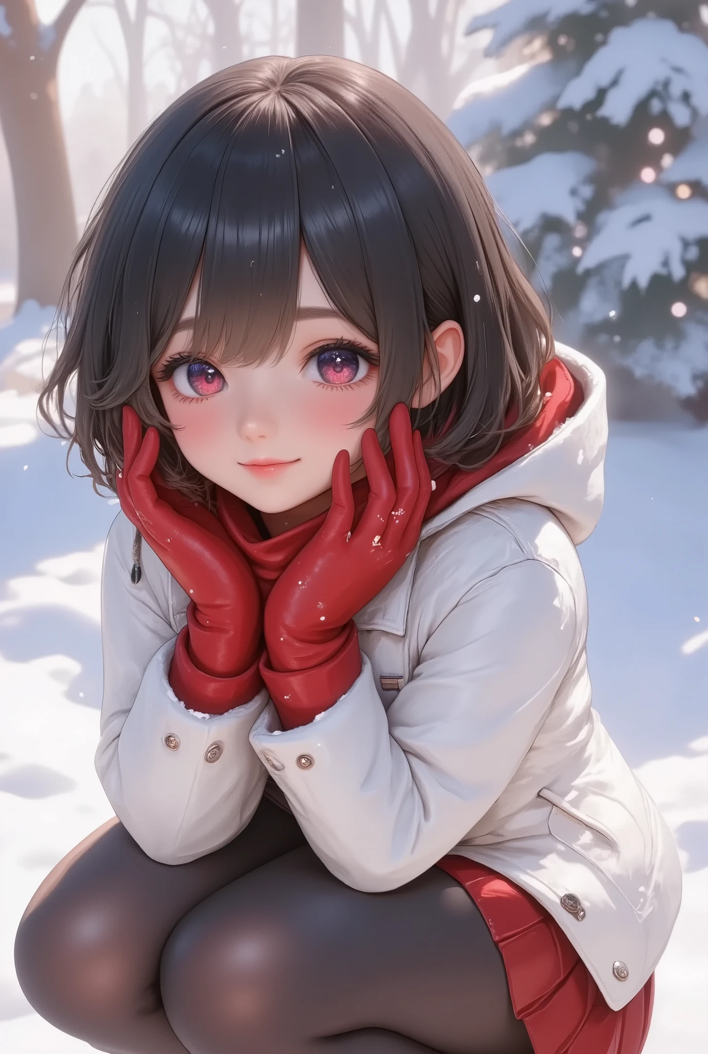 a smiling young girl crouching down playfully in the snow, short black hair with soft highlights framing her cheerful face, her bright red eyes sparkling with joy, wearing a white winter coat with buttoned cuffs and a red scarf wrapped warmly around her neck, matching red gloves covering her hands as she holds them near her face, her pose exudes warmth and playfulness in the cold, her legs are tucked neatly with a pleated skirt visible beneath her coat, dark tights and boots completing her outfit, snowflakes gently falling and a faint layer of snow resting on her hair, the background features a dreamy winter bokeh effect with blurred light reflecting off snow-covered surfaces, soft sunlight filters through the scene, creating a warm and serene winter atmosphere,trk
