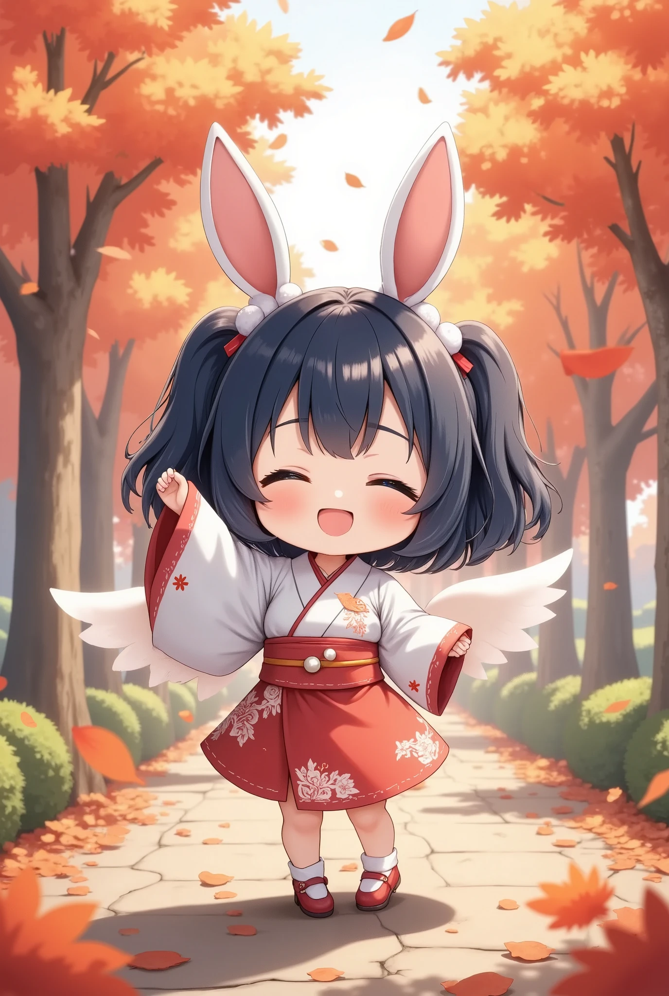 cute chibi girl with navy-blue hair styled in short, playful twin buns, her expression radiating joy as she smiles widely with closed eyes, wearing a traditional Japanese-inspired outfit featuring a white and red color scheme, accented with ribbons, floral patterns, and a fluffy pompom accessory, her dark feathered wings add a unique charm, her arms raised in a playful gesture, the background features a vivid autumn landscape with a cascade of colorful leaves in shades of red, orange, and gold, a gentle breeze carries leaves through the air, a serene path lined with maple trees and fallen leaves enhances the atmosphere, warm sunlight filters through the branches, creating a soft, glowing effect on the scene, the setting emphasizes the cozy and festive feeling of autumn,trk
