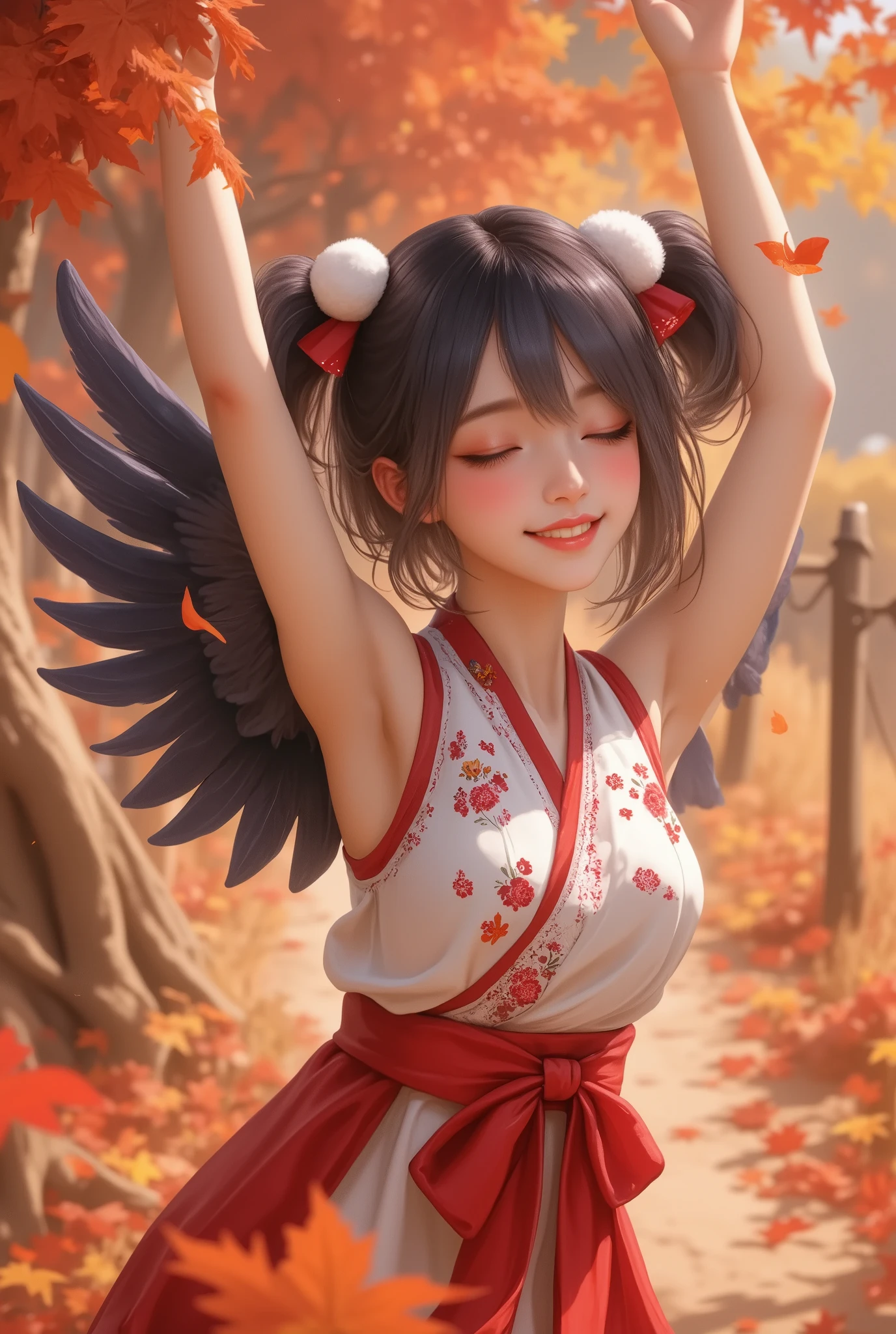 cute girl with navy-blue hair styled in short, playful twin buns, her expression radiating joy as she smiles widely with closed eyes, wearing a traditional Japanese-inspired outfit featuring a white and red color scheme, accented with ribbons, floral patterns, and a fluffy pompom accessory, her dark feathered wings add a unique charm, her arms raised in a playful gesture, the background features a vivid autumn landscape with a cascade of colorful leaves in shades of red, orange, and gold, a gentle breeze carries leaves through the air, a serene path lined with maple trees and fallen leaves enhances the atmosphere, warm sunlight filters through the branches, creating a soft, glowing effect on the scene, the setting emphasizes the cozy and festive feeling of autumn,trk