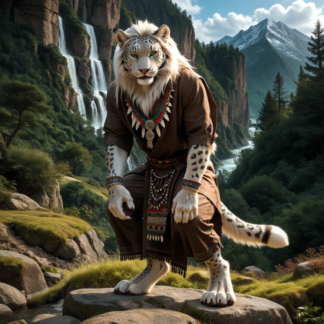 score_9, score_8_up, score_7_up, score_6_up, white leopard, male, with mane, indian archer, indian tribal clothing, anthro, climbs up the rock face, human-like hands, (detailed background), nature, in the high mountains, white fur, (solo), high quality, furred body, paws, handpaw, fluffy, silver bracelets on all legs, silver bracelets on the calf, with claws, silver collar with medallion, intense panther-coat-pattern on the entire body, makes grimaces, strong dark coat markings, (detailed eyes, green eyes), slightly muscled, highly detailed, realistic white fur, beautiful, photorealism, photorealistic, dslr, photo, full body, pawpads, paw pads, dutch angle