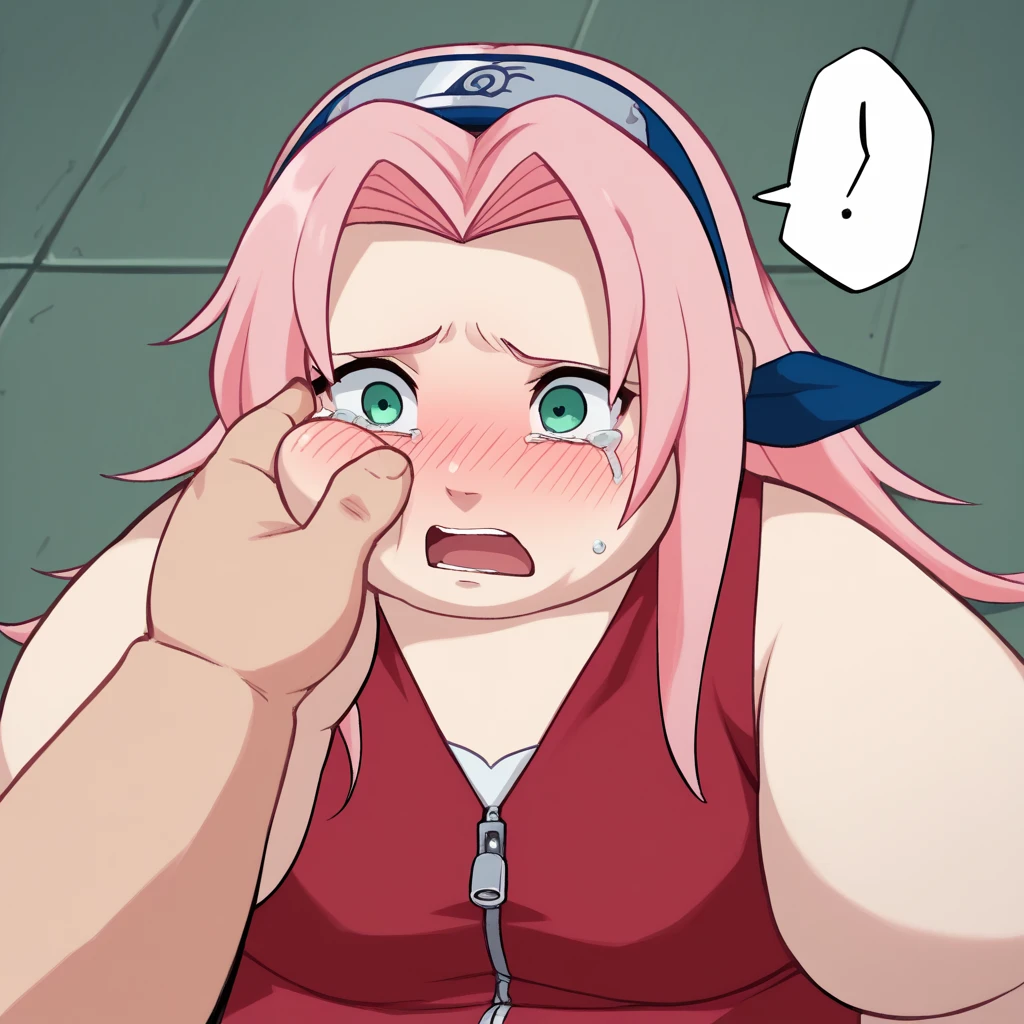 sakura haruno, long hair, green eyes, pink hair, parted bangs,
dress, bare shoulders, collarbone, sleeveless, sleeveless dress, zipper, zipper pull tab, forehead protector, swollen face, fat, chubby, obese, open mouth, out of breath, absurdres, highres icon, rating:General, confused, blush, spoken question mark, {flustered}, nervous sweating, portrait, pov hands, hand on another's cheek, averting eyes, [looking away], straight-on, from above,  upper body, masterpiece, best quality, ultra-detailed, high resolution, 8K, absurdres, highres icon, crying