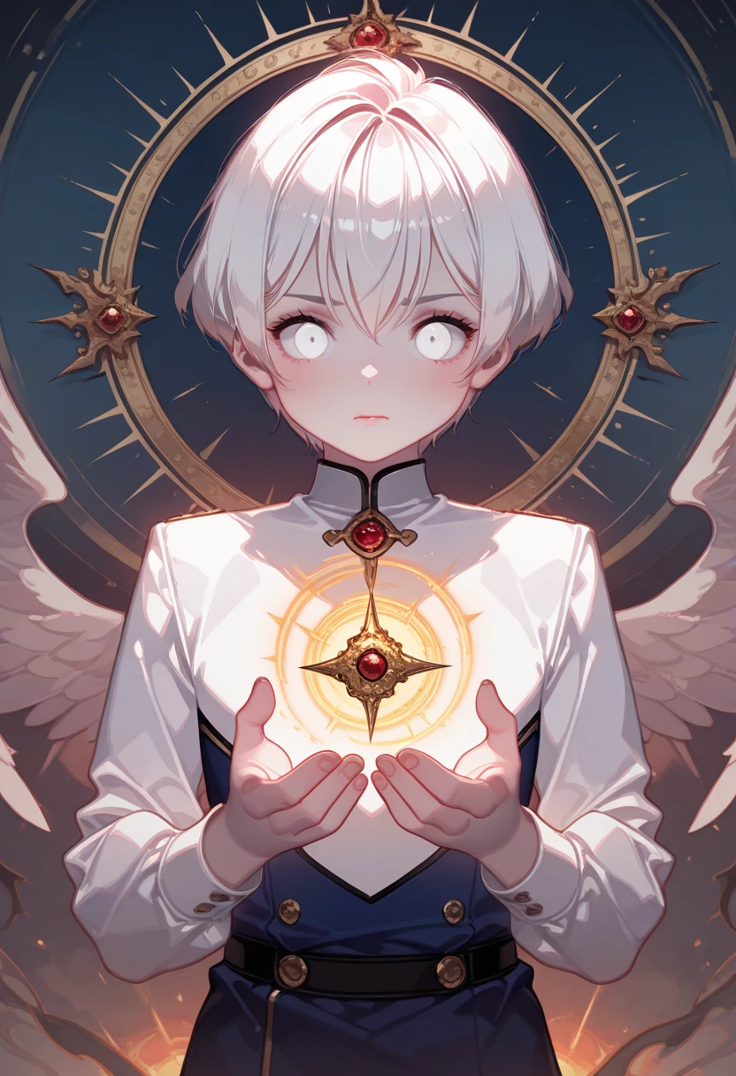 Delicate face, down shot, thick acrylic, illustrationon pixiv, by Kawacy, by john singer, sargent, Masterpiece, upper body, king, one, boy, two hands, White eyes, White short hair,, pale white skin, beautiful face, god light, white, shirt, rich details, high quality, scum,, degenerate,8k, ultra detailed, the latest pixiv, illustrations, dynamicposes, dynamic angles,, gorgeous light and shadow, transparency,, detailed decoration, detailed lines, mysterious,, fantasy, magic, shinning,