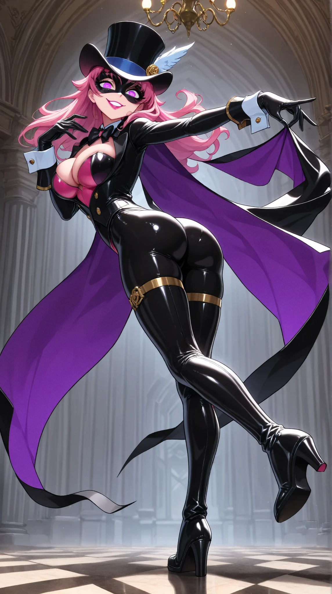 One young and beautiful woman:1.3,(masterpiece:1.3, top quality :1.3, very detailed depiction:1.3, incredible high resolution :1.3,High quality anime drawings),(Bewitching Female Phantom Thief :1.3),(Sexy Female Phantom Thief Outfit, tuxedo,Gentleman&#39;s hat,His eyes are covered with a black Venetian mask:1.3,latex, bodystocking , luxury accessories , black tights, boots),(Glowing purple eyes, half-closed eyes:1.3, Crazy Eyes , normal breasts, bewitching smile,Glossy lipstick, flashy makeup,Seductive gestures,Beautiful legs, healthy legs,Curvaceous Body,High quality skin),Fall, from behind, dynamic images ,Healthy painting:1.3,Picture above the knee:2.0