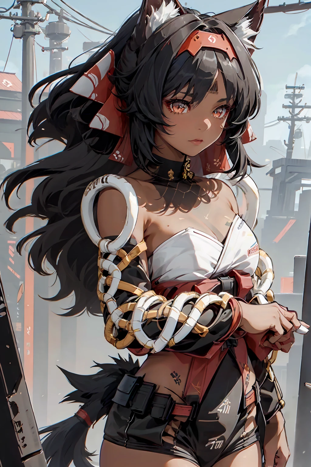 4k, high resolution, detailed woman, neko, long dark hair, fluffy black cat ears, black cat tail, detailed arms, shrine maiden, wearing a kosode and hakama, beautiful golden eyes, realistic brown skin, dark brown skin, intricate details, delicate features, beautiful lighting, natural colors, detailed background, elegant pose, cinematic composition, safe for work