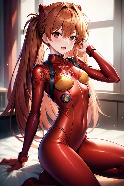 (( top quality )), ((masterpiece)), (be familiar with),  perfect face, indoor, bedroom,  Watching Viewers ,
One woman,  Soryu Asuka Langley,
 open mouth,  ecstatic expression beside the piano, blush, smile,
 small tits,  flat chest, Young girl, Lori,  s,  girl,
 long hair,  twin tails,
Leg spread,