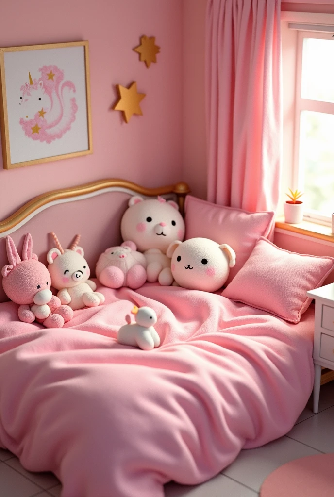 cartoonish style,Strawberry Bear,Lie down in bed,Holding the phone in his left hand