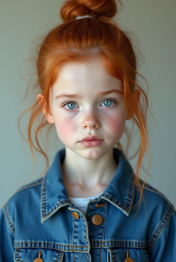 CHILD girl with long red hair wearing a denim jacket and a bow tie, cute redhead girl, redhead girl, red-haired girl, red-haired girl, portrait of a red-haired girl, young red-haired girl in motion, red hair and attractive features, cute young girl, she is redhead, happy child, flowing ginger hair, she has long redorange hair