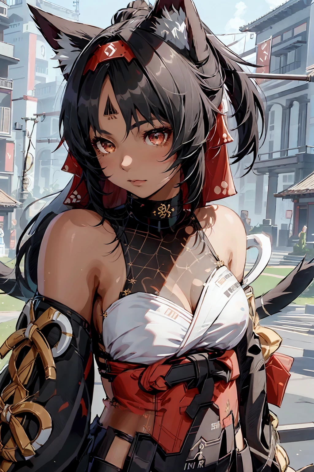 4k, high resolution, detailed woman, neko, long dark hair, fluffy black cat ears, black cat tail, detailed arms, shrine maiden, wearing a kosode and hakama, beautiful golden eyes, realistic brown skin, dark brown skin, intricate details, delicate features, beautiful lighting, natural colors, detailed background, elegant pose, cinematic composition, safe for work