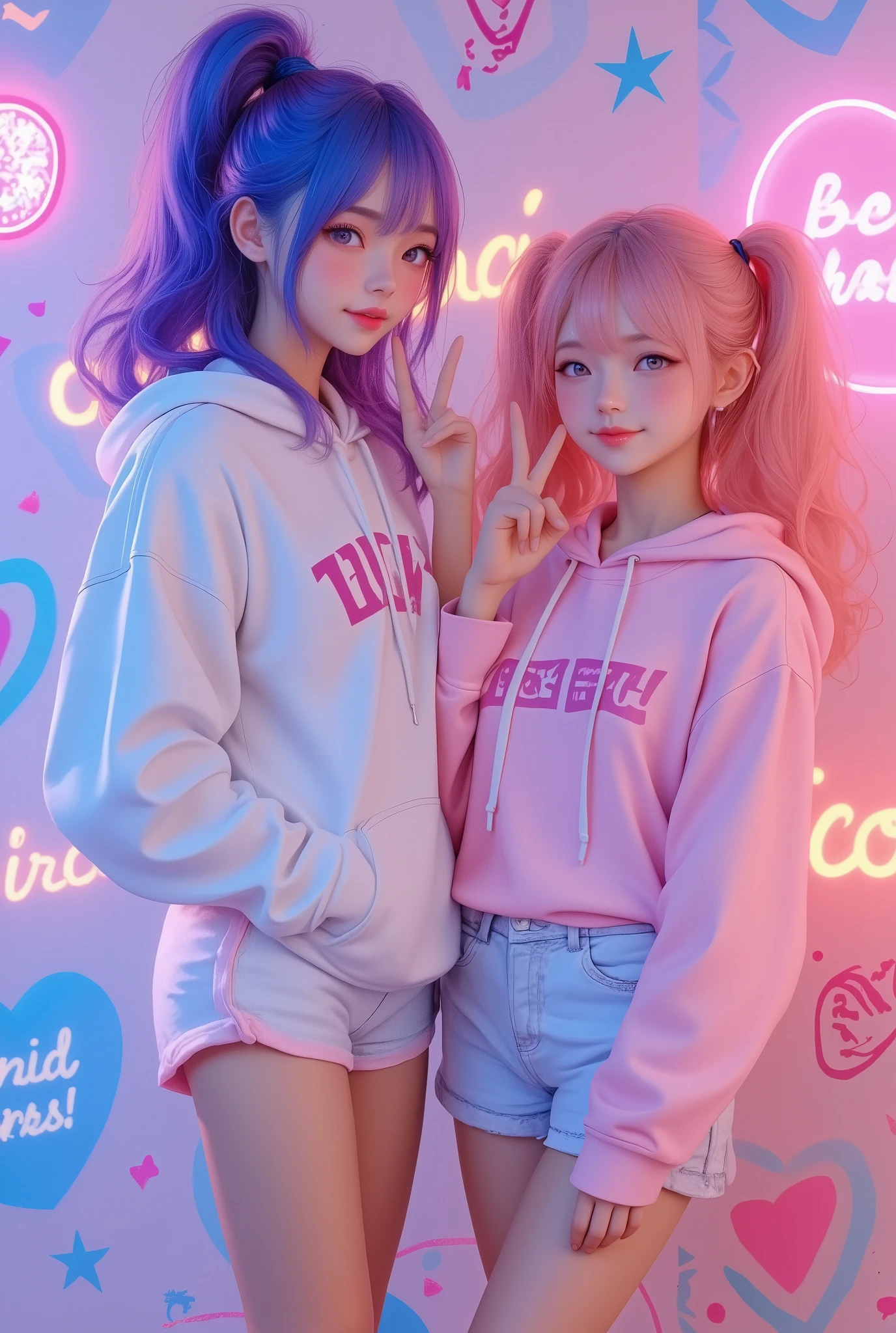 two stylish girls standing side by side in oversized hoodies, the girl on the left has blue hair tied into a high ponytail with loose curls, wearing a white hoodie and matching sneakers, her pose casual with one hand in her pocket and the other touching her lips thoughtfully, the girl on the right has pink hair styled in a playful ponytail with a small curl, wearing a pink hoodie and sporty sneakers, she strikes an energetic pose with a bright smile, her right eye closed in a playful wink, her hand mimicking a peace sign near her face, the background features a colorful and fun photobooth design with pastel patterns of hearts, stars, and sparkles, bright neon-style text like "Besties!" and "Kawaii!" glowing in the corners, soft lighting creates a vibrant and joyful atmosphere, the overall setting captures the lively and carefree mood of a fun day out.