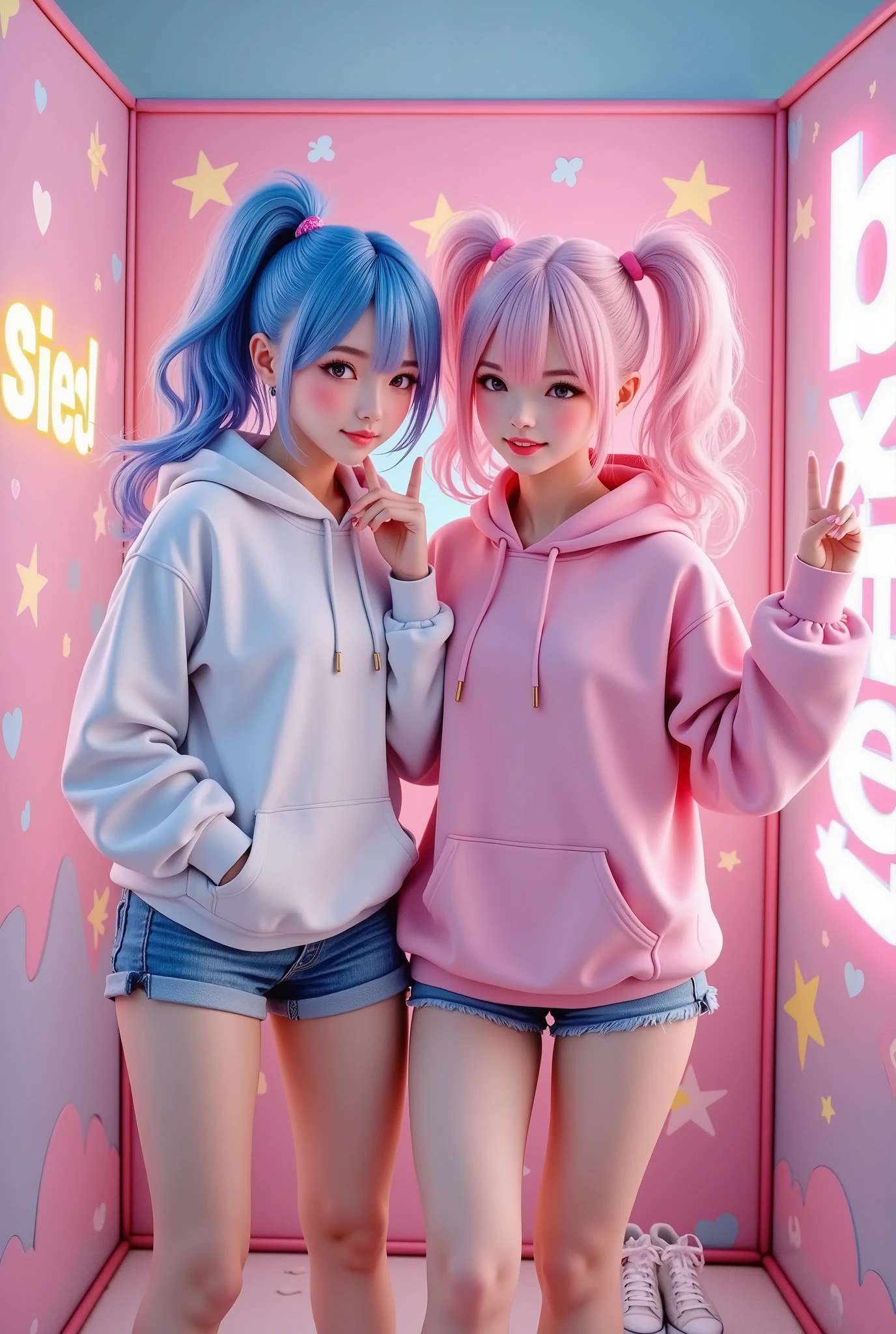 two stylish girls standing side by side in oversized hoodies, the girl on the left has blue hair tied into a high ponytail with loose curls, wearing a white hoodie and matching sneakers, her pose casual with one hand in her pocket and the other touching her lips thoughtfully, the girl on the right has pink hair styled in a playful ponytail with a small curl, wearing a pink hoodie and sporty sneakers, she strikes an energetic pose with a bright smile, her right eye closed in a playful wink, her hand mimicking a peace sign near her face, the background features a colorful and fun photobooth design with pastel patterns of hearts, stars, and sparkles, bright neon-style text like "Besties!" and "Kawaii!" glowing in the corners, soft lighting creates a vibrant and joyful atmosphere, the overall setting captures the lively and carefree mood of a fun day out.
