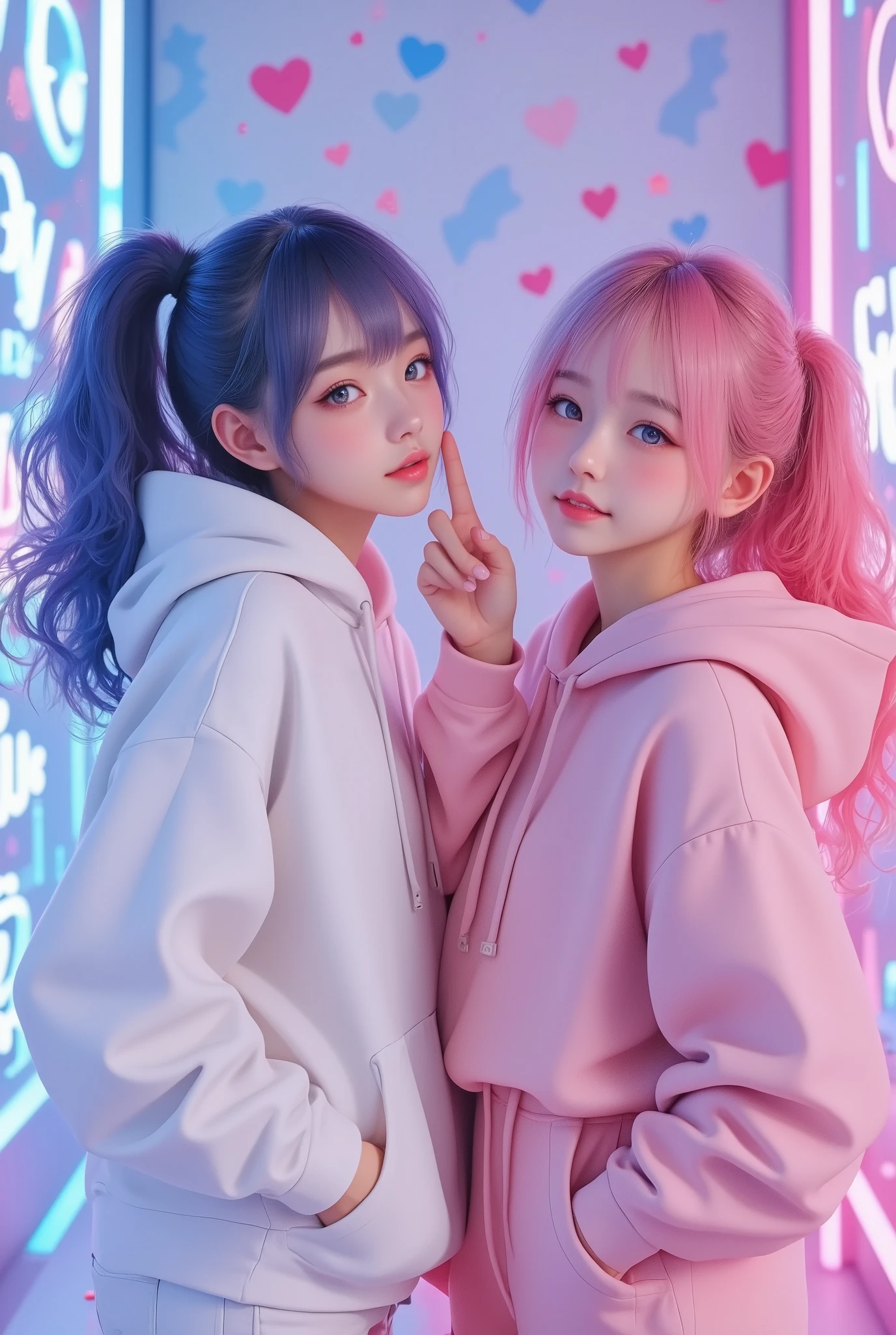 (photo realistic),two stylish girls standing side by side in oversized hoodies, the girl on the left has blue hair tied into a high ponytail with loose curls, wearing a white hoodie and matching sneakers, her pose casual with one hand in her pocket and the other touching her lips thoughtfully, the girl on the right has pink hair styled in a playful ponytail with a small curl, wearing a pink hoodie and sporty sneakers, she strikes an energetic pose with a bright smile, her right eye closed in a playful wink, her hand mimicking a peace sign near her face, the background features a colorful and fun photobooth design with pastel patterns of hearts, stars, and sparkles, bright neon-style text like "Besties!" and "Kawaii!" glowing in the corners, soft lighting creates a vibrant and joyful atmosphere, the overall setting captures the lively and carefree mood of a fun day out.
