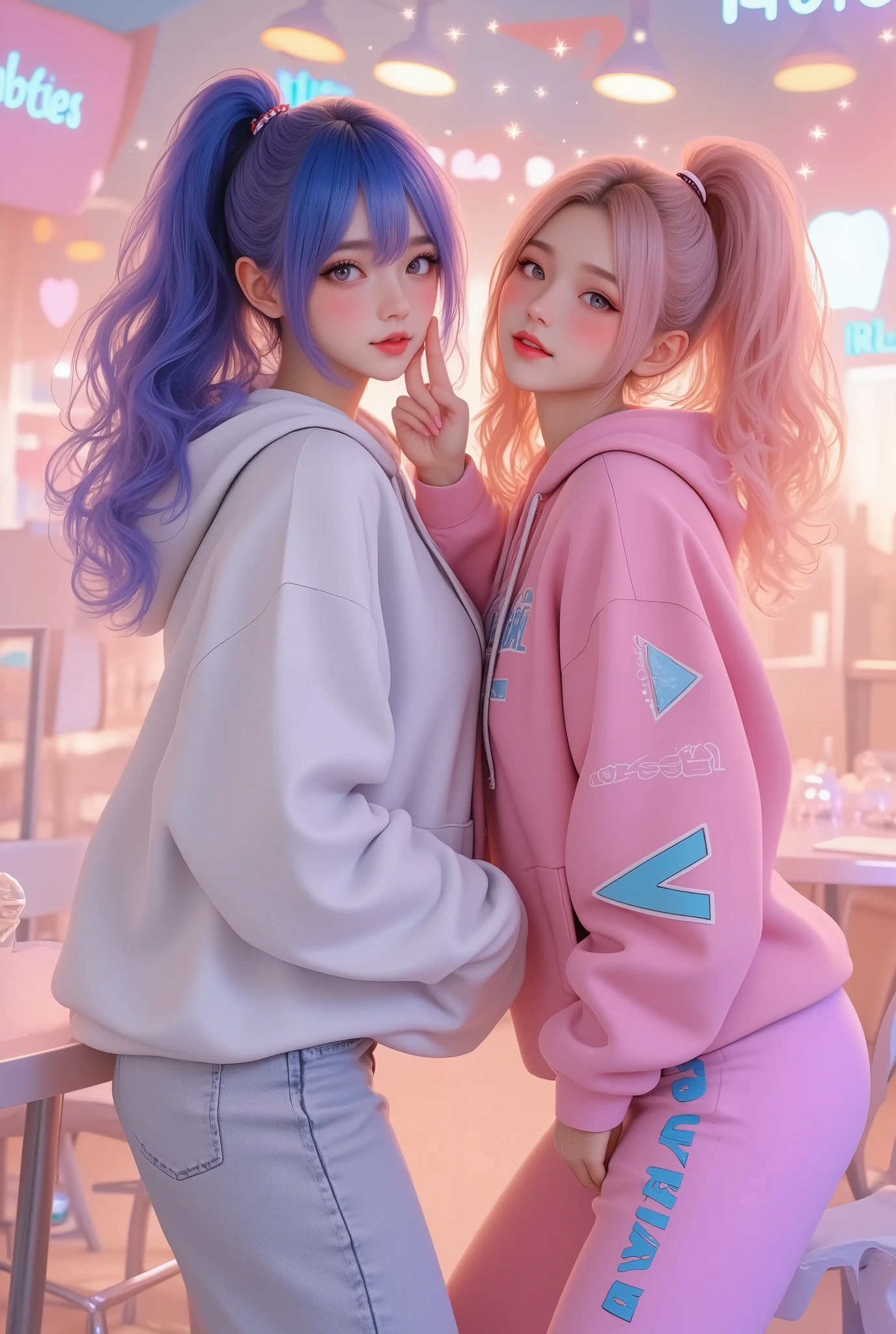 (photo realistic),two stylish girls standing side by side in oversized hoodies, the girl on the left has blue hair tied into a high ponytail with loose curls, wearing a white hoodie and matching sneakers, her pose casual with one hand in her pocket and the other touching her lips thoughtfully, the girl on the right has pink hair styled in a playful ponytail with a small curl, wearing a pink hoodie and sporty sneakers, she strikes an energetic pose with a bright smile, her right eye closed in a playful wink, her hand mimicking a peace sign near her face, the background features a colorful and fun photobooth design with pastel patterns of hearts, stars, and sparkles, bright neon-style text like "Besties!" and "Kawaii!" glowing in the corners, soft lighting creates a vibrant and joyful atmosphere, the overall setting captures the lively and carefree mood of a fun day out,trk