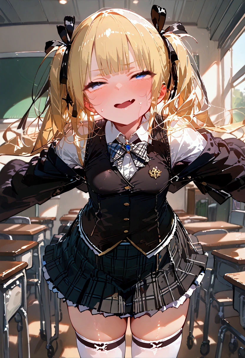 half-closed eyes, rolling eyes, Marie rose, small breasts, one girl、 blonde hair、 Long Hair、twin tails、blunt bangs、 blue eyes, ((masterpiece、 top quality、 very detailed))、 One Girl 、 black hair、twintailsblue eyes、mesugaki, smug, skin fang, (( small breasts))、(( White collared shirt ))、((black cardigan vest))、 bow tie 、((gray plaid skirt))、((micro miniskirt))、((white thighhighs))、 Cowboy Shot 、 Classroom Background , shiny skin