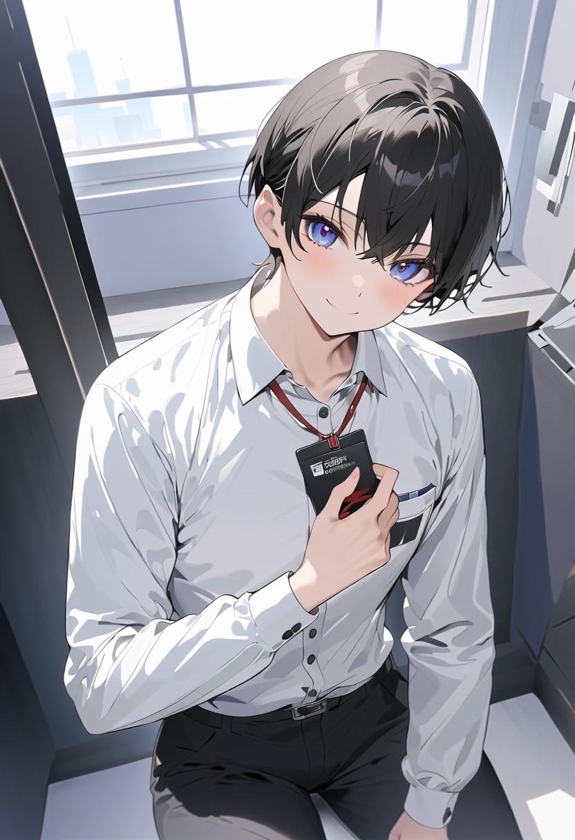 white襟、long sleeve dress shirt 、 Long Sleeve Shirts、white、 long sleeve cutter shirt{{{masterpiece}}}, {{{ top quality}}}, {{ super detailed}}, {beautiful detailed eye},, ((black Hair)),(bangs),whiteワイシャツ、white長袖のyシャツ、 black slacks、I'm hanging my employee ID card from my neck with a red strap、Smile at me、 black pants、 adult woman、white Long Sleeve Shirts、 long black pants 、