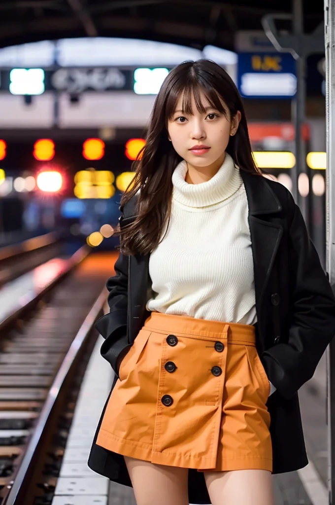 (masterpiece, best quality, perfect , highres, 8k, realistic, photorealistic, natural skin texture, no makeup:1.2), 1girl, solo, Japanese, age20, very cute, stylish female university student, (large :1.4), winter vibes, standing on a train platform during a winter sunset, leaning slightly on a railing with her hands in her coat pockets, looking at the viewer, She has medium, straight hair, (wearing a black peacoat, a red , and a white scarf), (The glowing red-orange sky fills the background), with blurred train tracks and faint silhouettes of passing trains creating a serene yet dynamic scene, vertical composition, jp idol, inugao