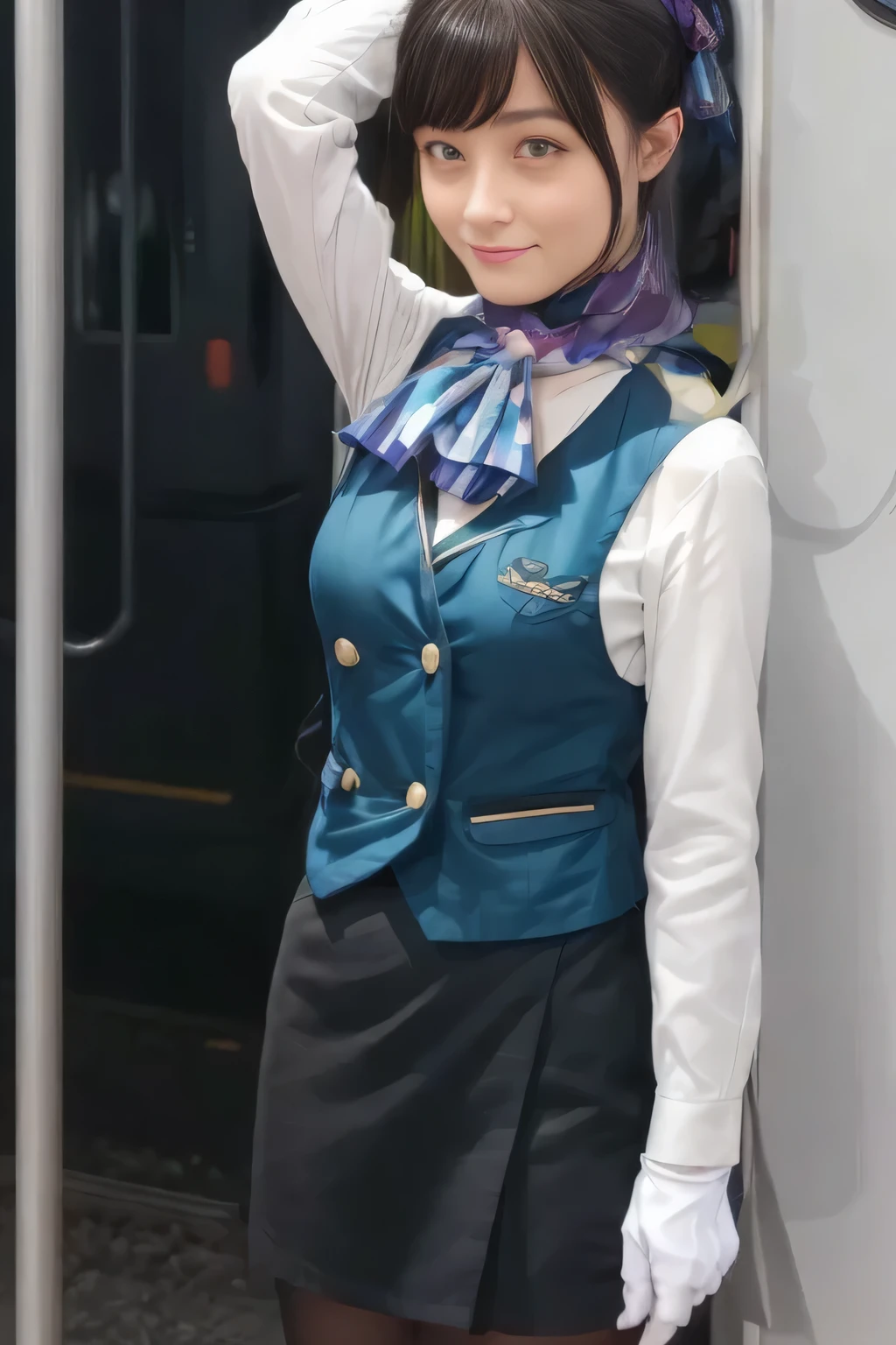 ( masterpiece :1.2,  top quality :1.2), 32kHDR,  kampala, (Alone、  1 girl)、（what 、  Professional Lighting ）、In-flight background、（Nankai Train crew uniformを着たリアルなスタイル）、（（Nankai Train crew uniformのグリーンのベスト））、（（ Nankai Train Crew Uniform Collarless White Long Sleeve Blouse ）） 、（（ Nankai Train Crew Uniform Black Curled Culotte Skirt 、Scarf around the neck））、 Has a lot of dark brown hair  、（  long hair、Hair tied up、Hair tied up）、 Has a lot of dark brown hair  、  long hit  、Big Breasts、Thin legs、（（ Amazing hands ：2.0）），（（ Harmonious physique  ：1.5）），（（Normal limbs：2.0）），（（The usual ：2.0）），（（ Delicate eyes ：2.0）），（（Normal eyes：2.0））)、smile、（Nankai Train crew uniformを着た美しい姿）、Hands folded under the body  