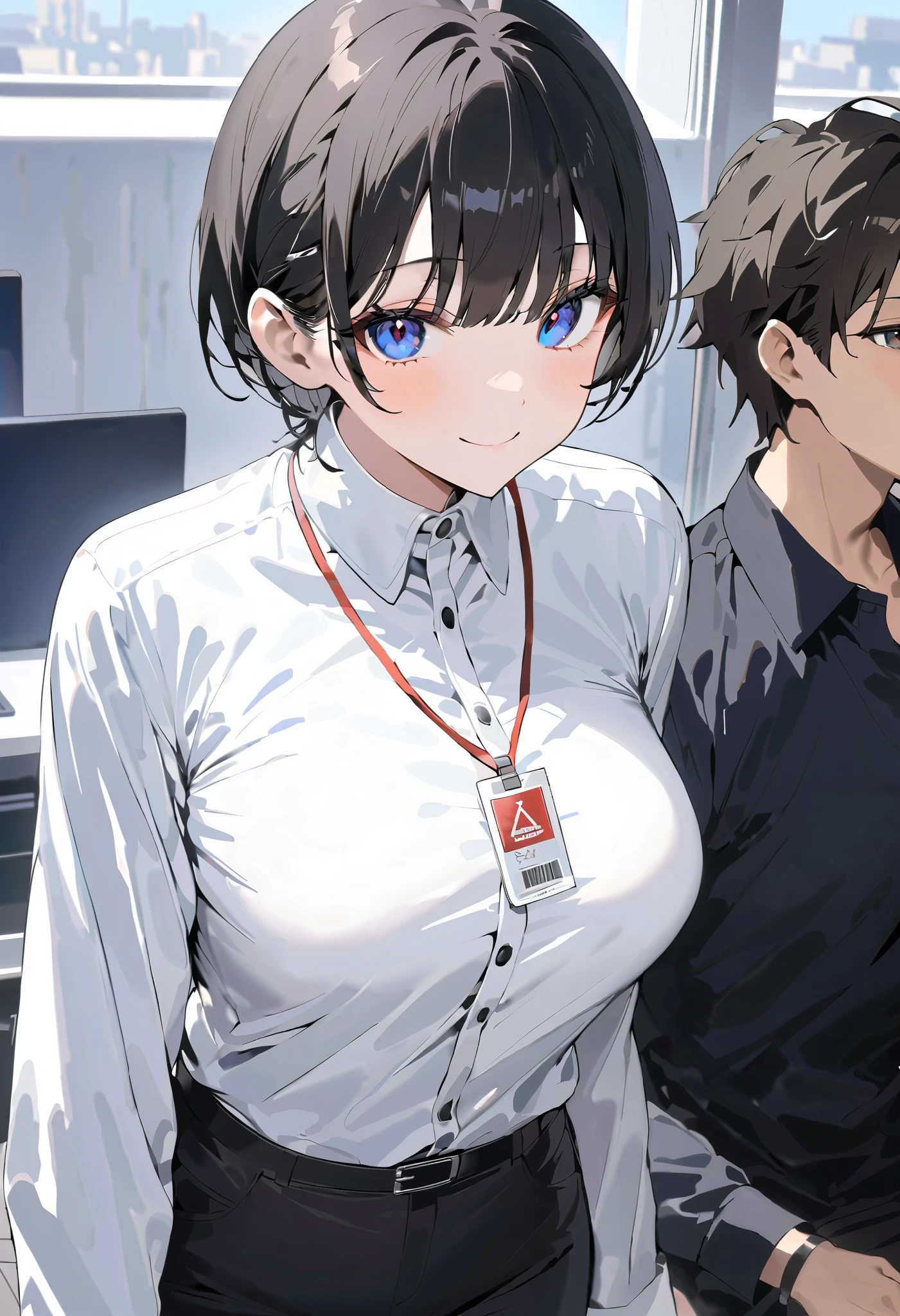 good quality、Two dimensions、mature woman alone、gray hair、short hair、blue eyes、earrings、tomboy、big、big breasts、big black jacket、Black T-shirt、black pants、bandage、Black choker、grin、Lock