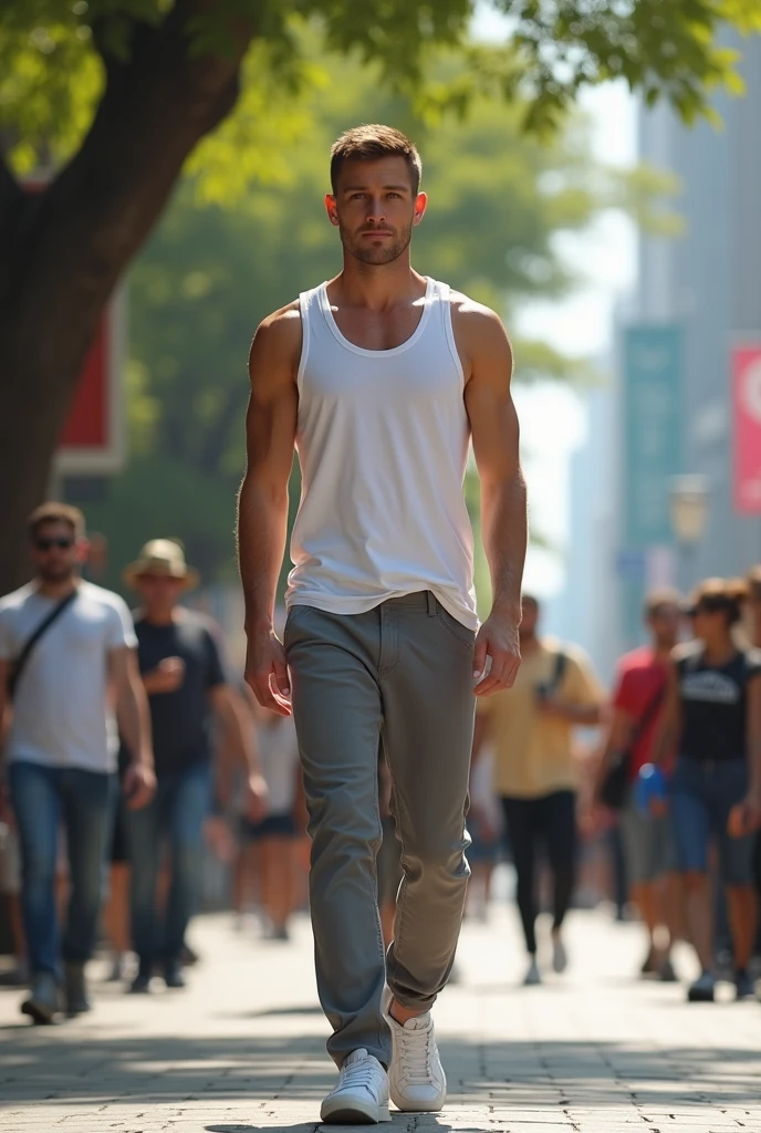 Desi man, in his 30s, wearing tight shorts an a wife beater, barefoot, walking in the street.