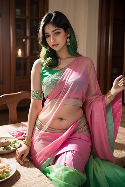 RAW, Best quality, high resolution, masterpiece: 1.3), beautiful Malay woman in saree, Masterpiece, perfect fit body, ((Big breasts)), beautiful big eyes, Soft smile, woman sitting on a bench next to bamboo plants, cute woman, beautiful woman, olive green saree, pastel green, with beautiful exotic, lime green, beautiful image, beautiful woman, malaysia, hijab, feminine in cute pastel shades, turkneck,Amazing lighting, Bright colors, Clean lines