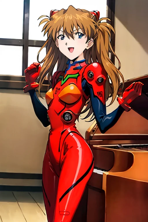 (( top quality )), ((masterpiece)), (be familiar with),  perfect face, indoor, bedroom,  Watching Viewers ,
One woman,  Soryu Asuka Langley,
 open mouth,  ecstatic expression beside the piano, blush, smile,
 small tits,  flat chest, Young girl, Lori,  s,  girl,
 long hair,  twin tails,
Leg spread,