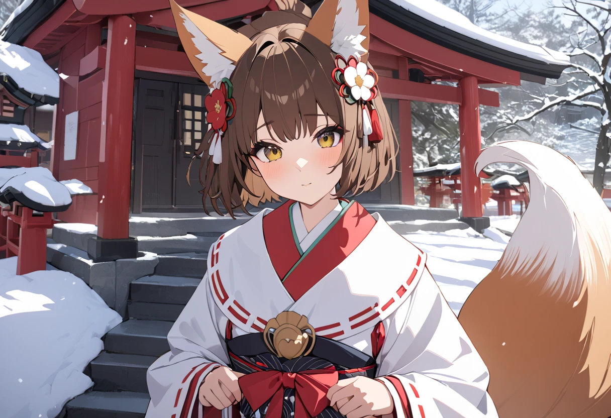 (((Best quality, 8k, Masterpiece: 1.3)), ((best quality)), ((masterpiece)), (detailed), perfect face, brown hair, short hair, fox ears, Japanese shrine maiden, New Year, shrine, shrine maiden costume, fox tail, snow