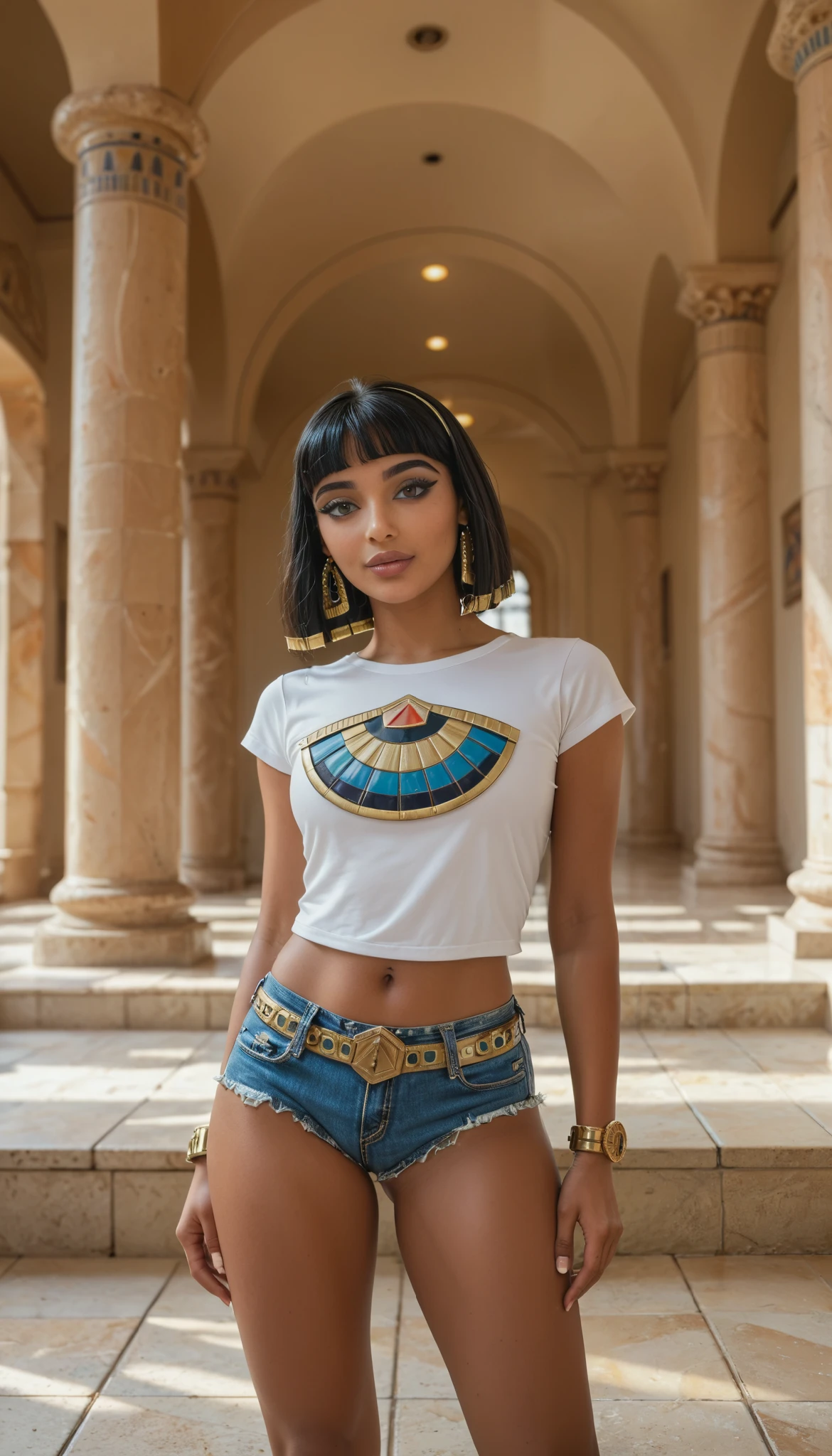 Very beautiful queen Cleopatra in slavery, modern girl model, brunette, Italian type of face, brown eyes, very dark tanned skin, Cleopatra's hairstyle, bob hairstyle with straight bangs, summer makeup, image of modern Cleopatra, very beautiful slender figure, Cleopatra is dressed in a short-sleeved T-shirt and very short denim micro-shorts with a belt, hands handcuffed and shackled, long slender tanned legs, Cleopatra poses seductively, hyperrealism, bright colors, highest quality, Cleopatra in the style of Daisy Dukes, sexy, Ancient Egypt