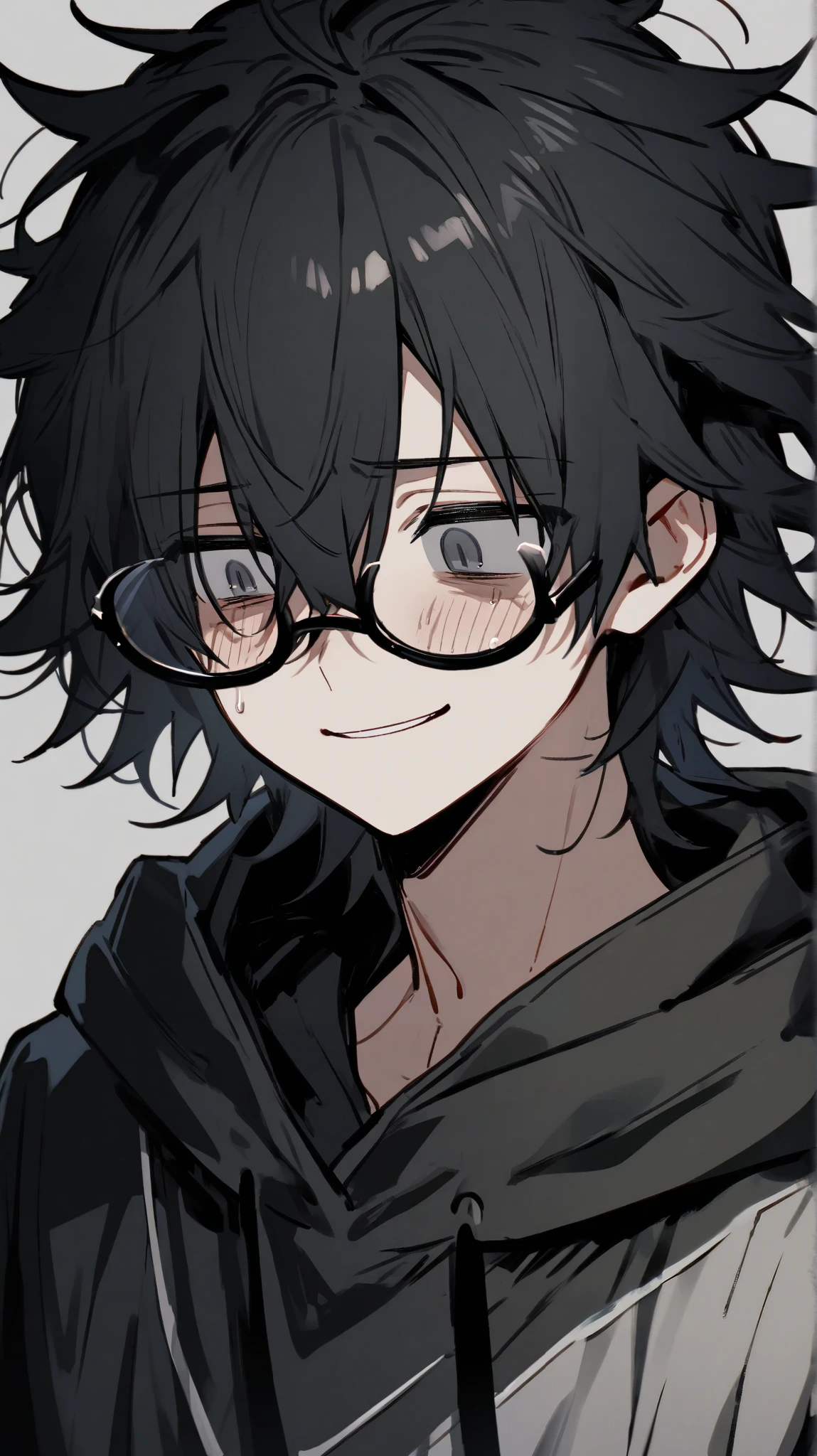 (((Highest Quality))), (Simple background), 1boy, Solo, Black Hair, messy hair, Hair Between Eyes, grey eyes, Gloom (Expression), Tired, eyebags, smile, lifeless eyes, big glasses, black hoodie