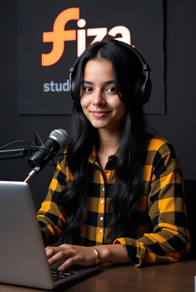21 year old girl sitting in front of a computer desk with a mic and ...