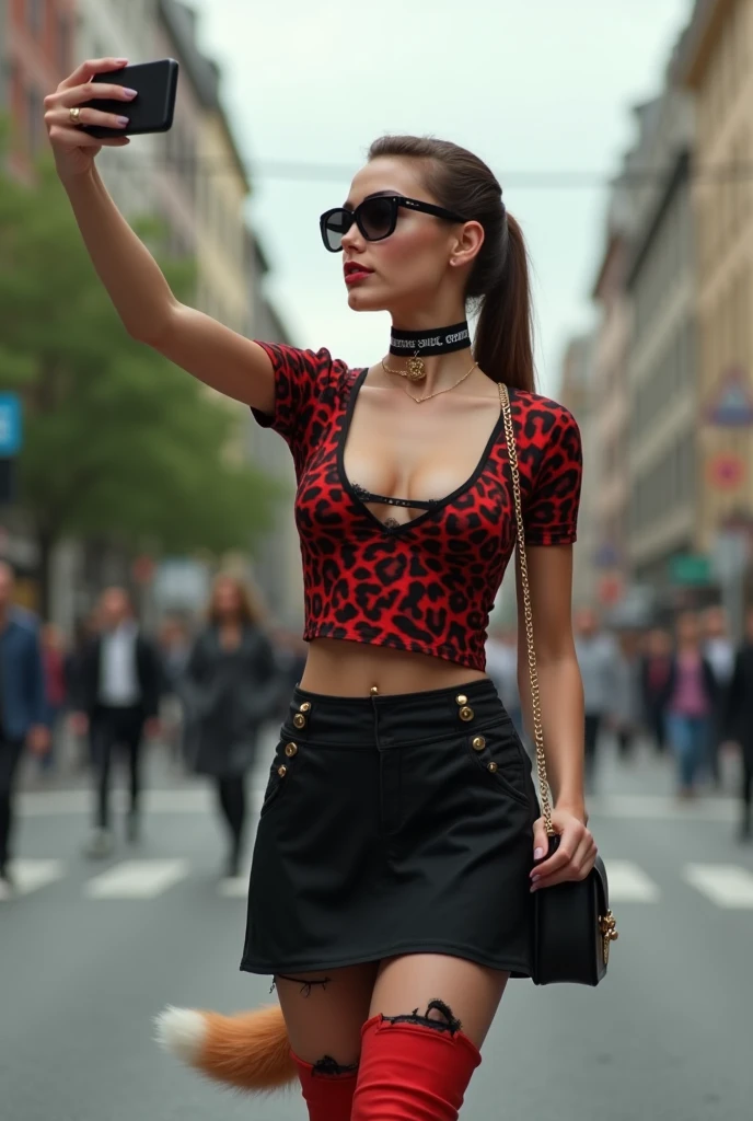 A photography of a fancy french woman with Beautiful glasses and red short skirt
