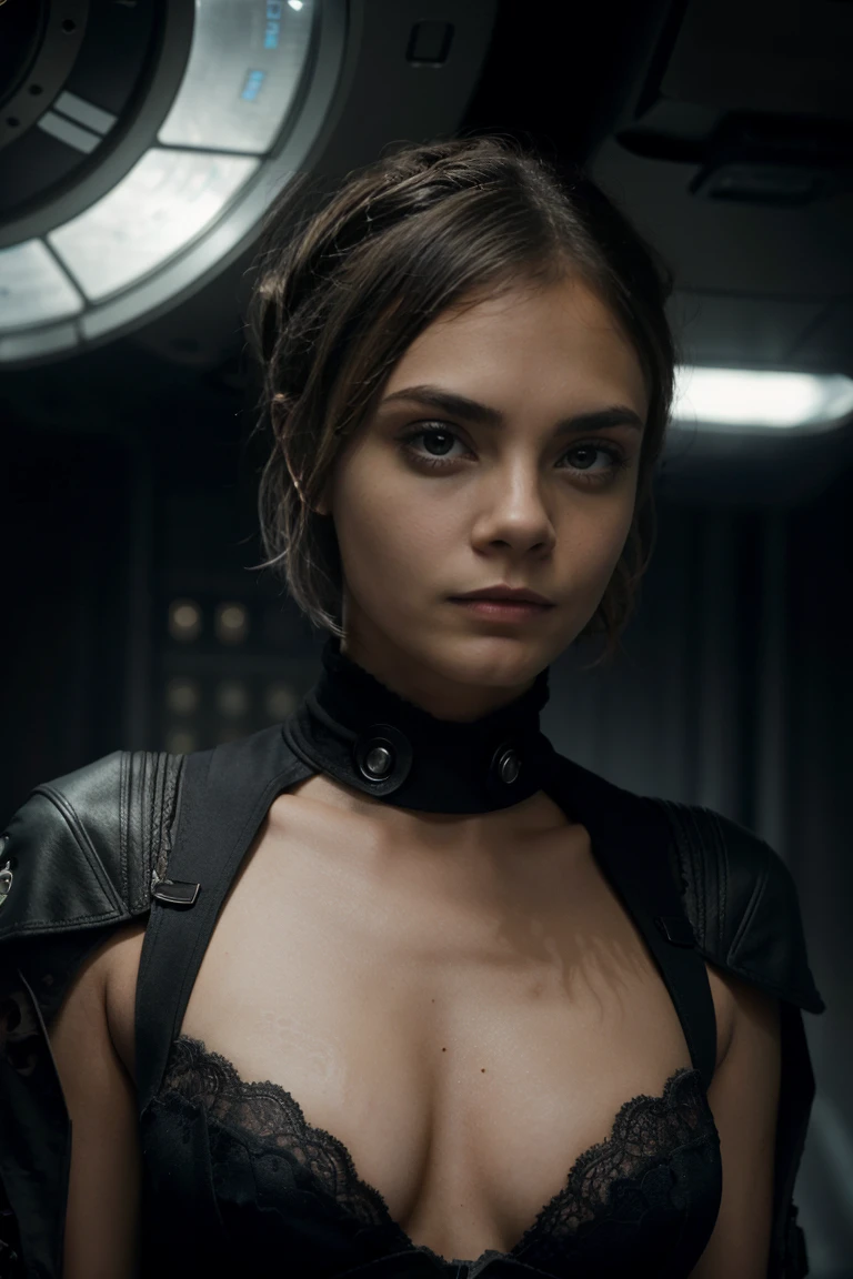 A drop dead gorgeous Cara Delevingne in a star trek starfleet uniform, short ree hair twisted half-up half-down, both hands at the zipper unzipping the uniform revealing cleavage and black lace bra, upper text with title ""Join the fleet"", background futuristic city with spaceship, cinematic lighting, highly detailed, photorealistic, 8k, award winning cover art, chiaroscuro, dynamic composition, dramatic lighting, atmospheric, moody, neo-futurism, science fiction, editorial, fashion photography, studio lighting, beautiful detailed eyes, beautiful detailed lips, extremely detailed face, long eyelashes, seductive expression, confident pose